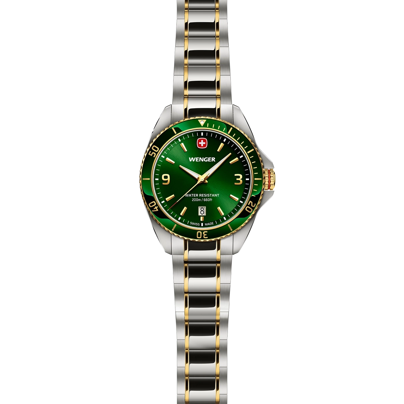 Wenger Uhr, grün, goldfarben, silberfarben, wasserdicht, Schweizer Uhr