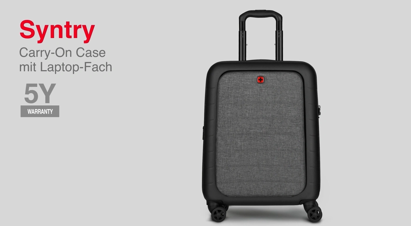 Schwarzer Koffer mit rotem Logo, 5 Jahre Garantie, Carry-On Case mit Laptop-Fach