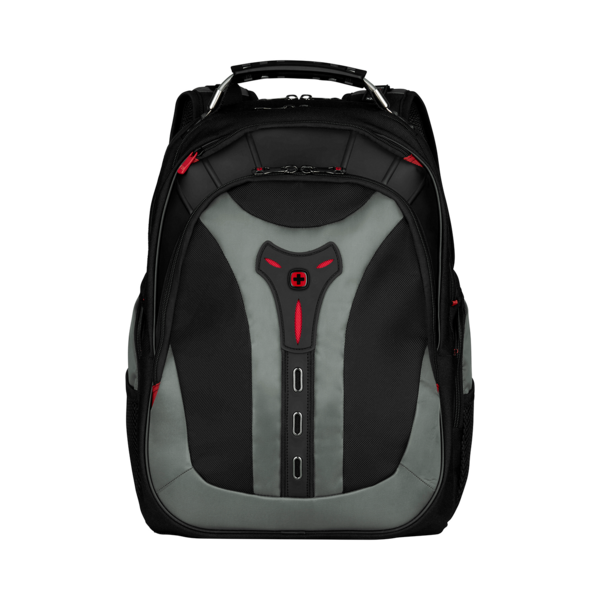 Schwarzer Rucksack mit grauen und roten Akzenten auf schwarzem Hintergrund.