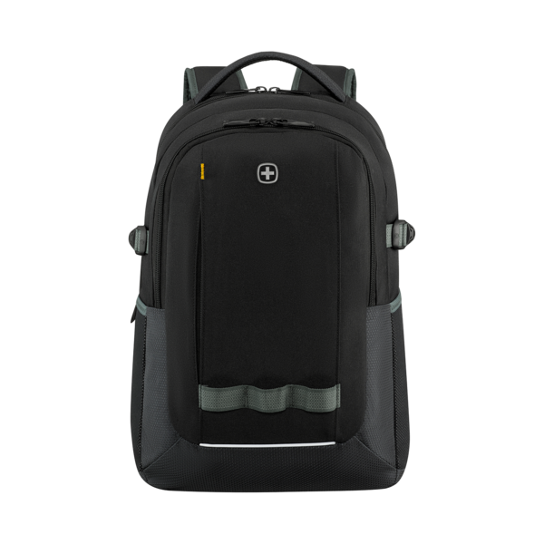 Schwarzer Rucksack mit grauem Detail und weißem Streifen, perfekt für den Alltag.