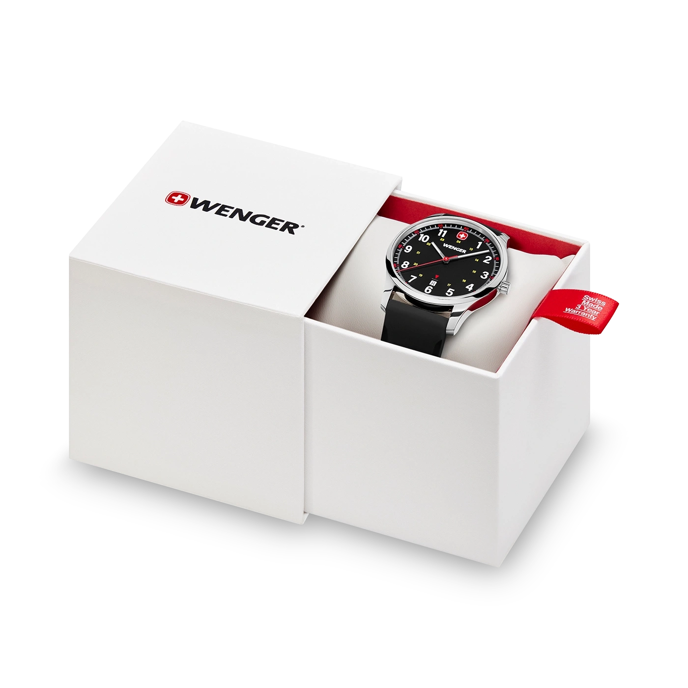 Wenger watch in a white box with red lining and warranty tag