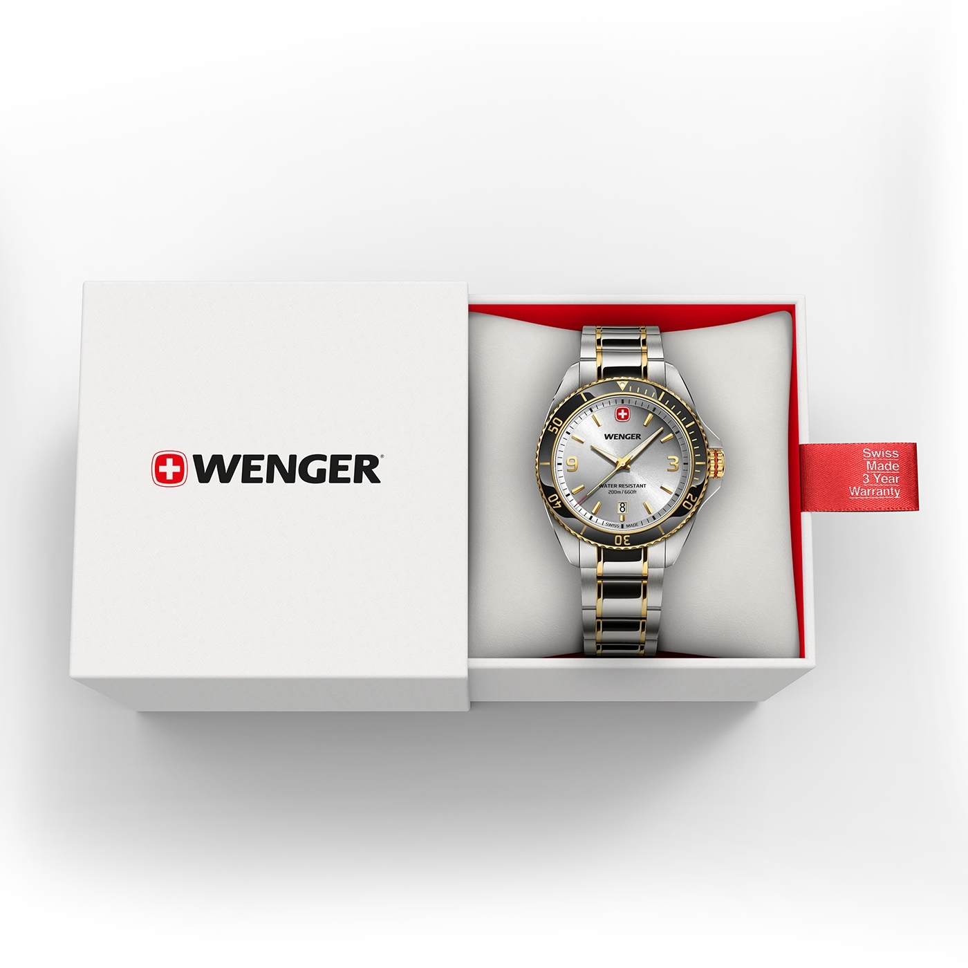 Wenger watch in box, Swiss Made, 3 year warranty, silver dial, gold accents