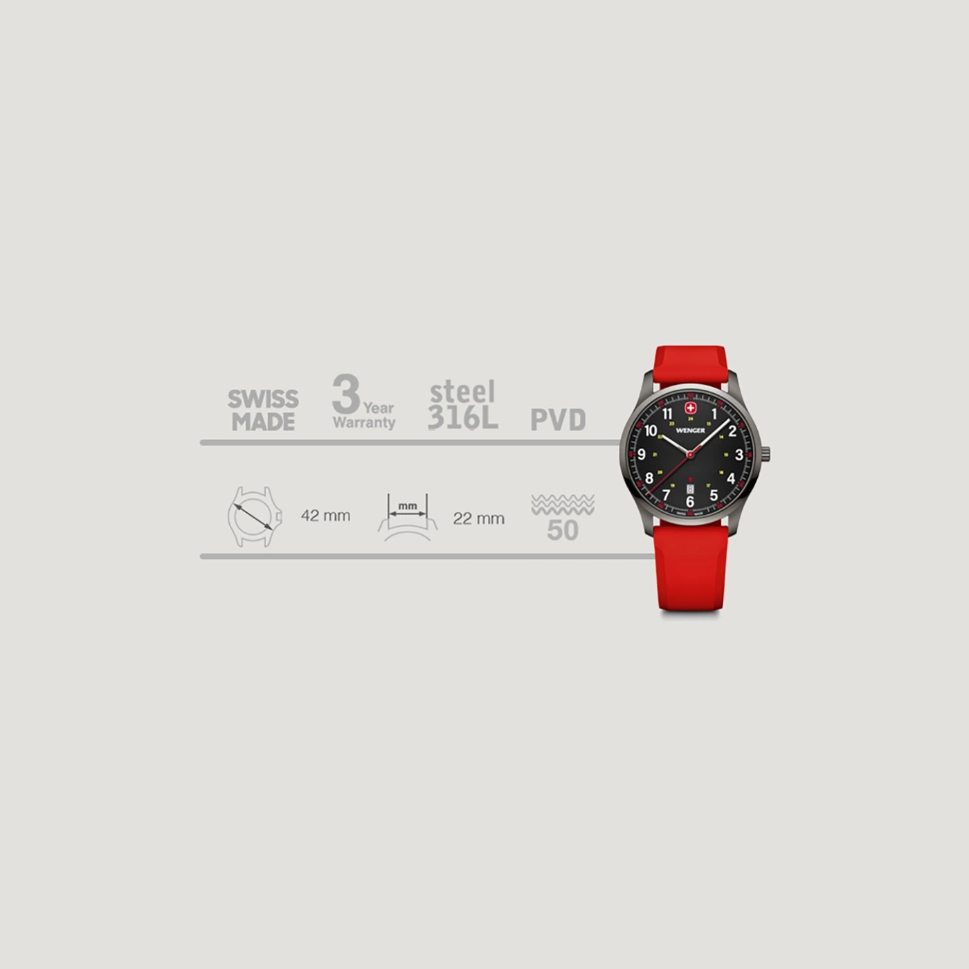 Wenger watch, red, black, steel, 316L, PVD, 42mm, 22mm, 50m, Swiss Made, 3 year warranty
