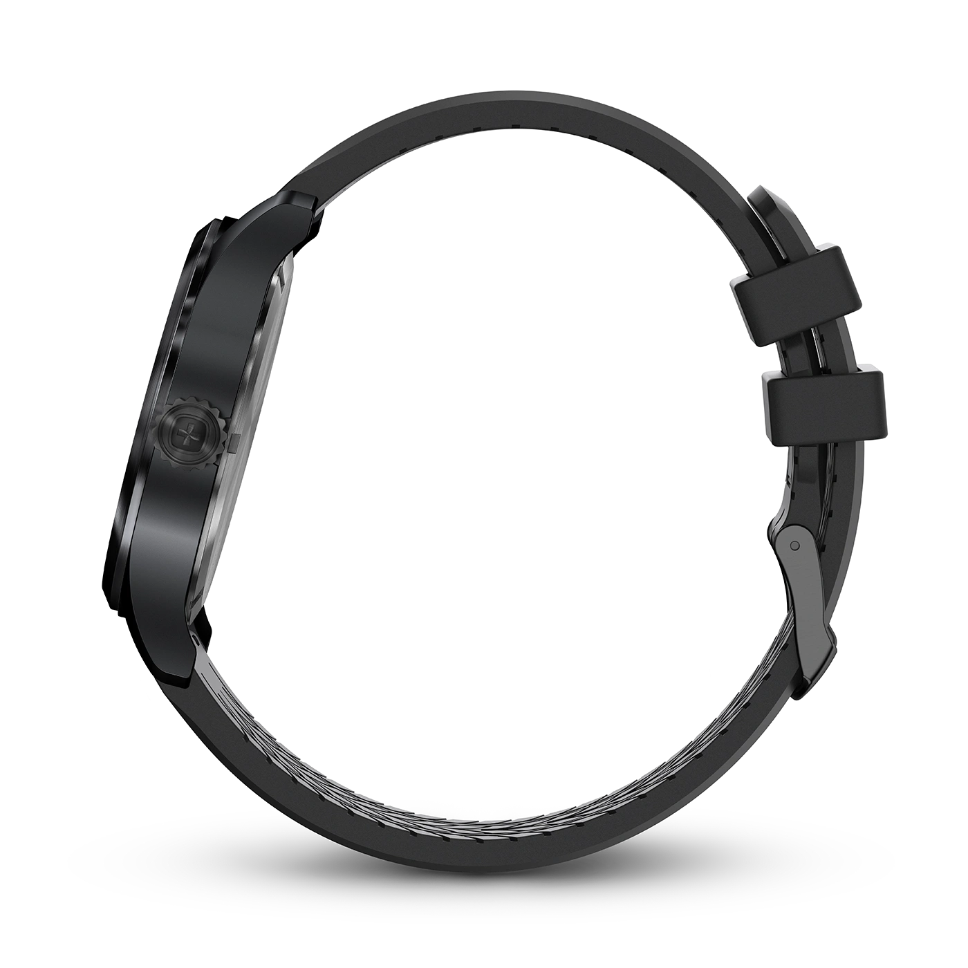 Black watch with black strap, side view, on a black background, elegant.