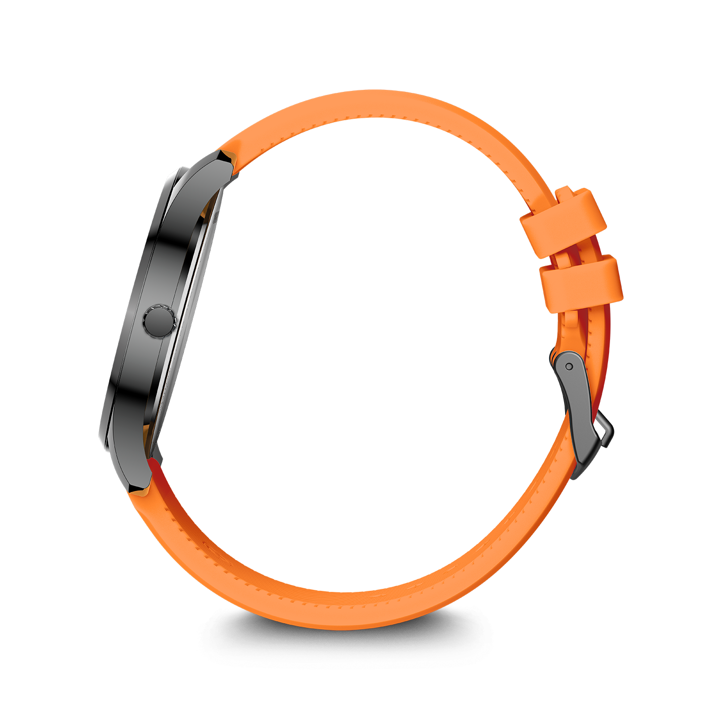 Eine Smartwatch mit einem orangefarbenen Armband, von der Seite gesehen.