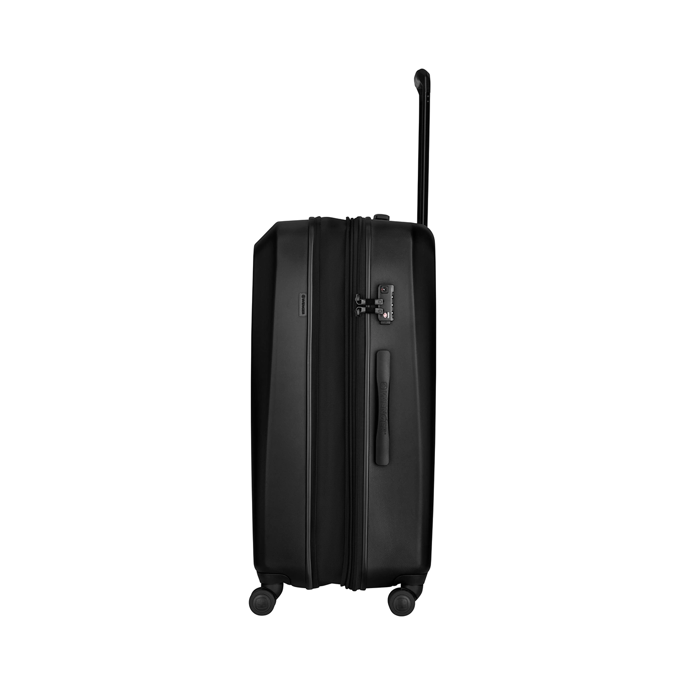 Black suitcase with handle and wheels, ready for travel and adventure.