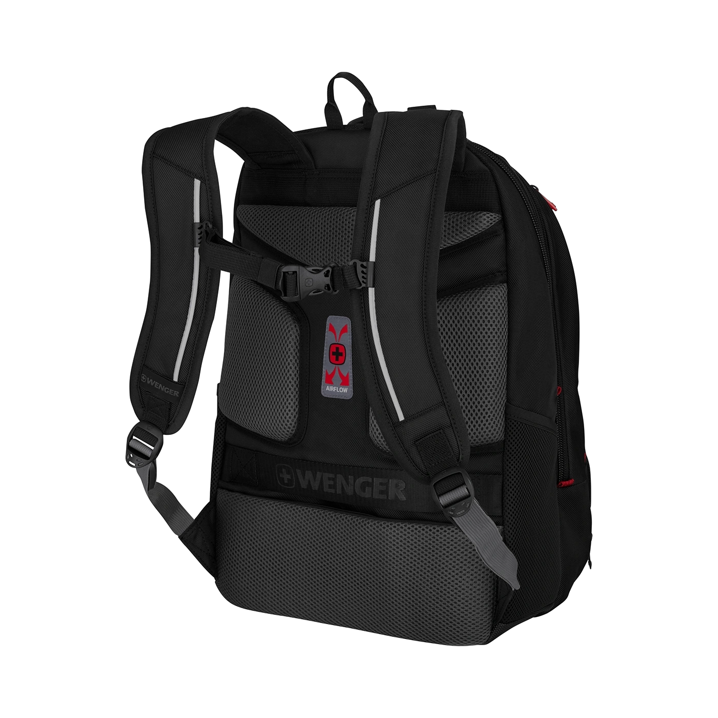 Schwarzer Rucksack mit Airflow-System und Wenger-Logo, Detailansicht