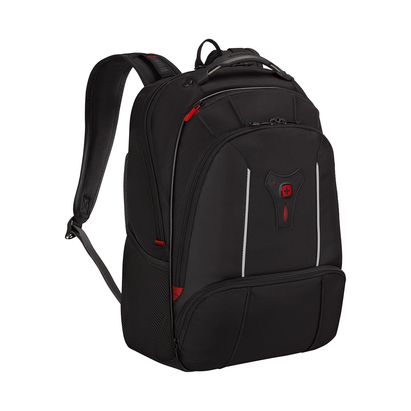 Schwarzer Rucksack mit roten Akzenten und weißem Streifen. Wenger-Logo.
