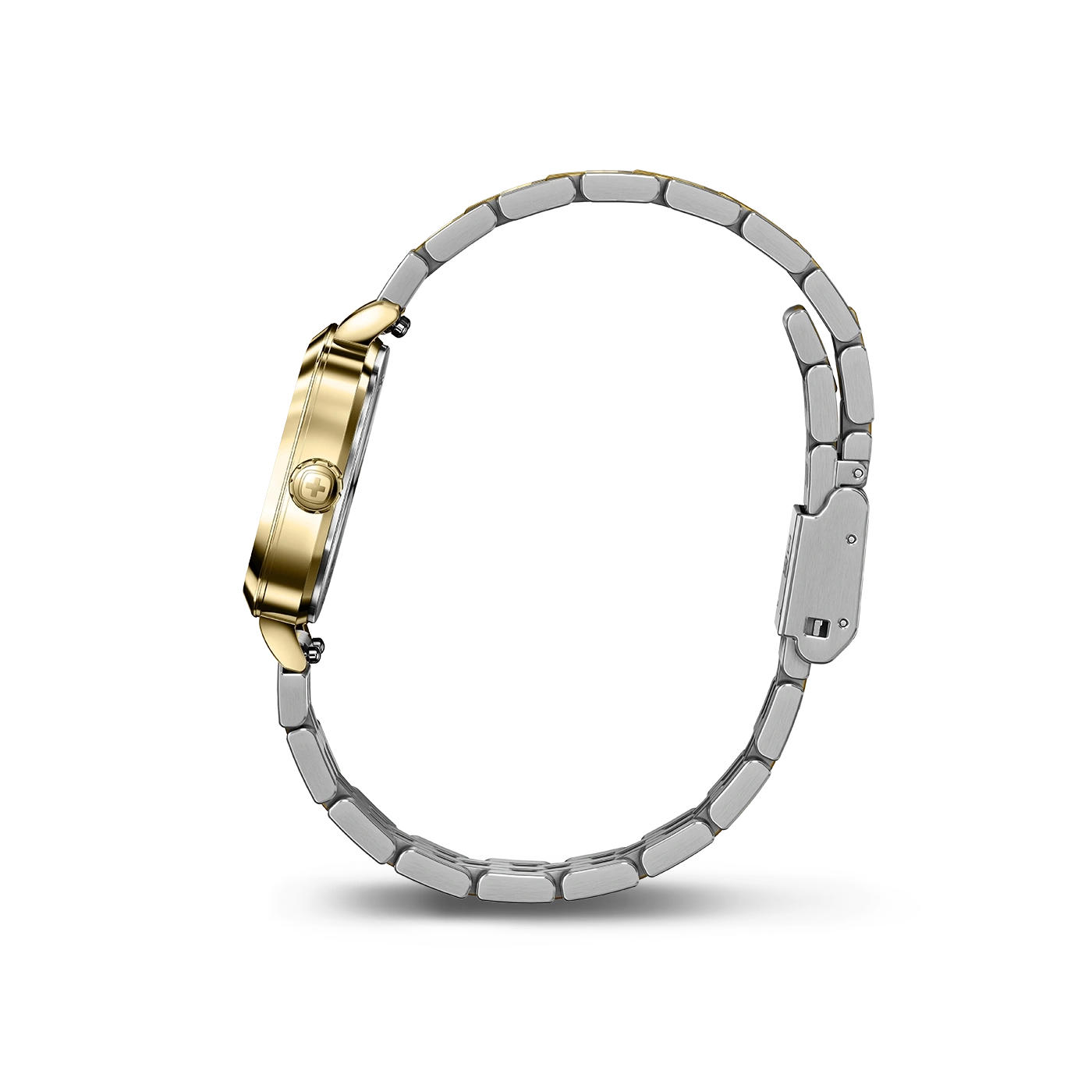 Gold watch with silver strap, side view, close-up, elegant, luxury, accessory