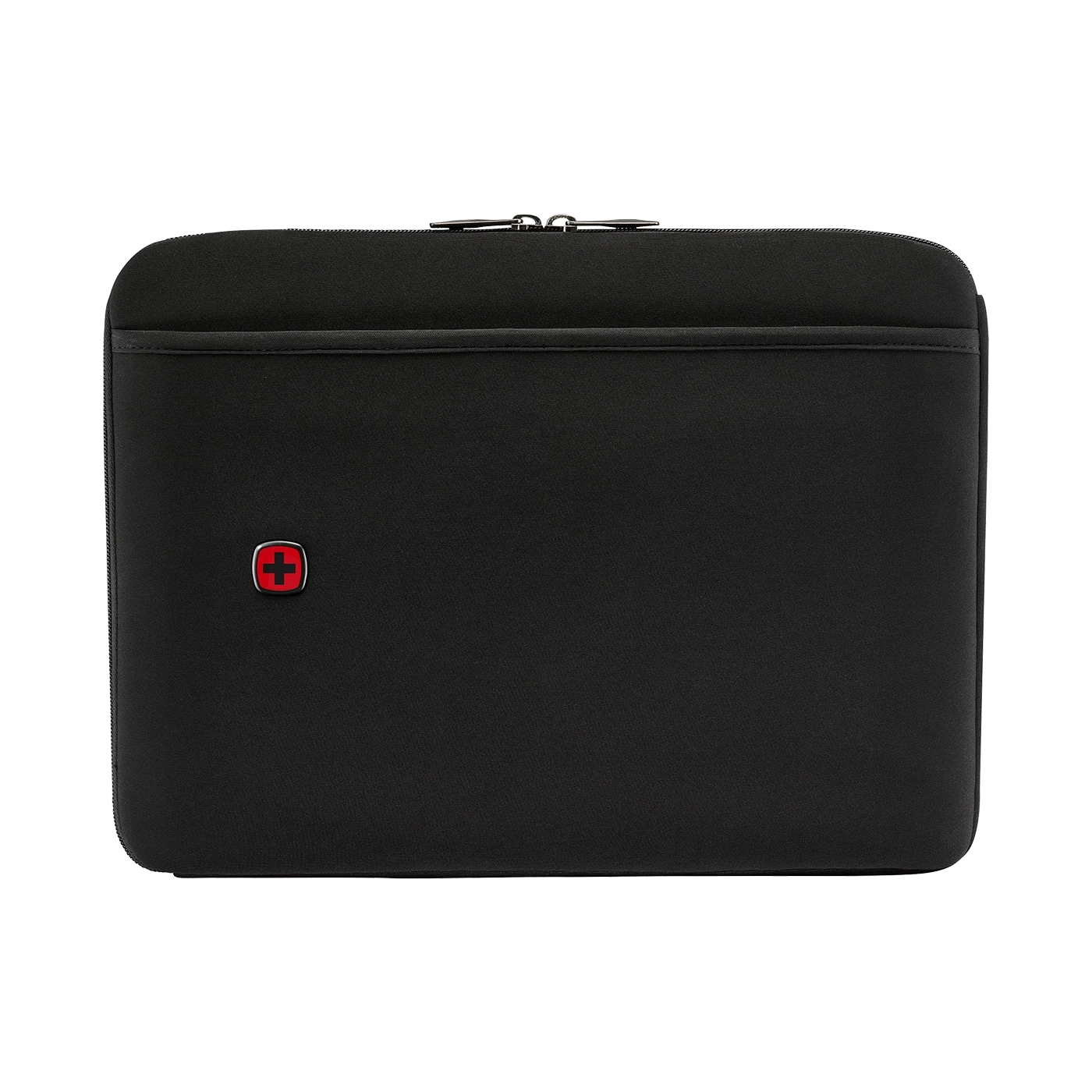 Schwarze Laptoptasche mit Reißverschluss und rotem Logo, schlichtes Design.
