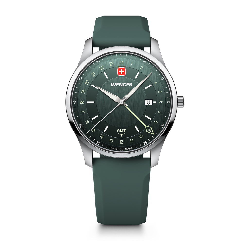 Herrenarmbanduhr von Wenger mit grünem Zifferblatt und GMT-Funktion