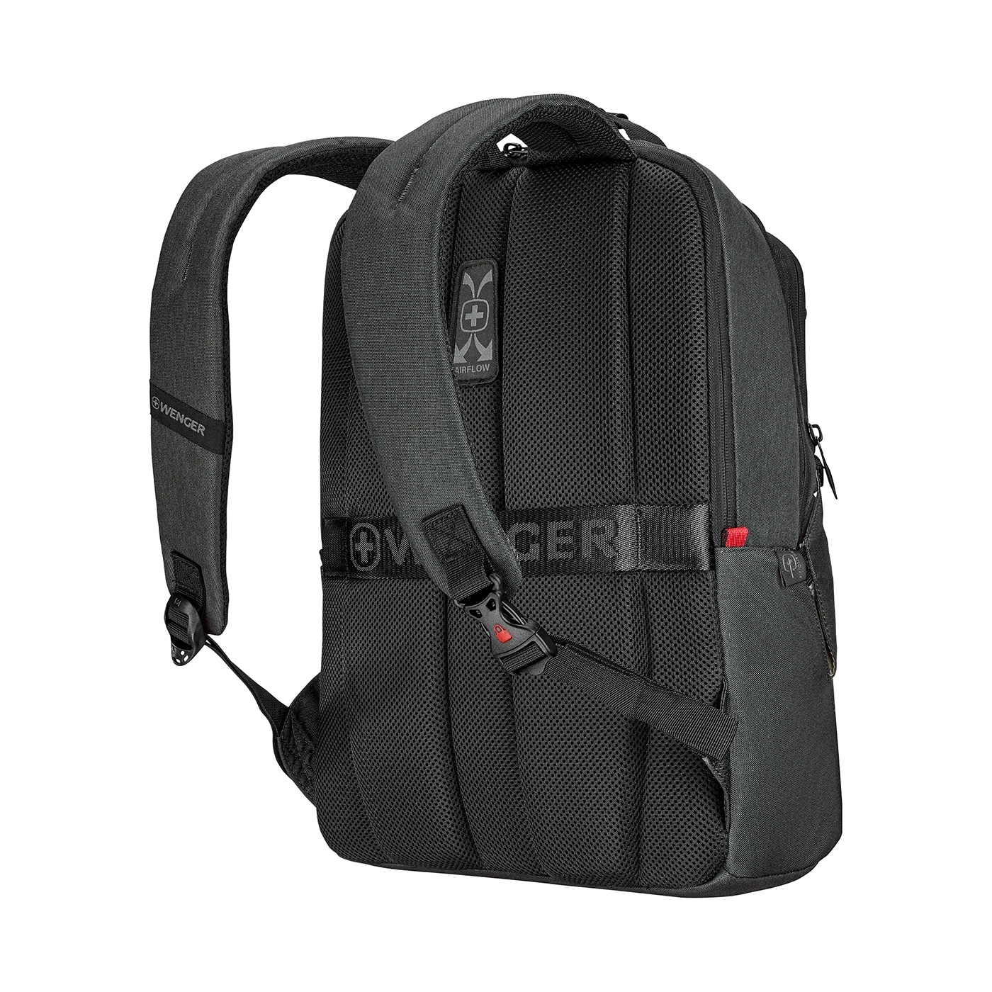 Schwarzer Rucksack mit Airflow-System und Wenger-Logo, Detailaufnahme, Nahaufnahme