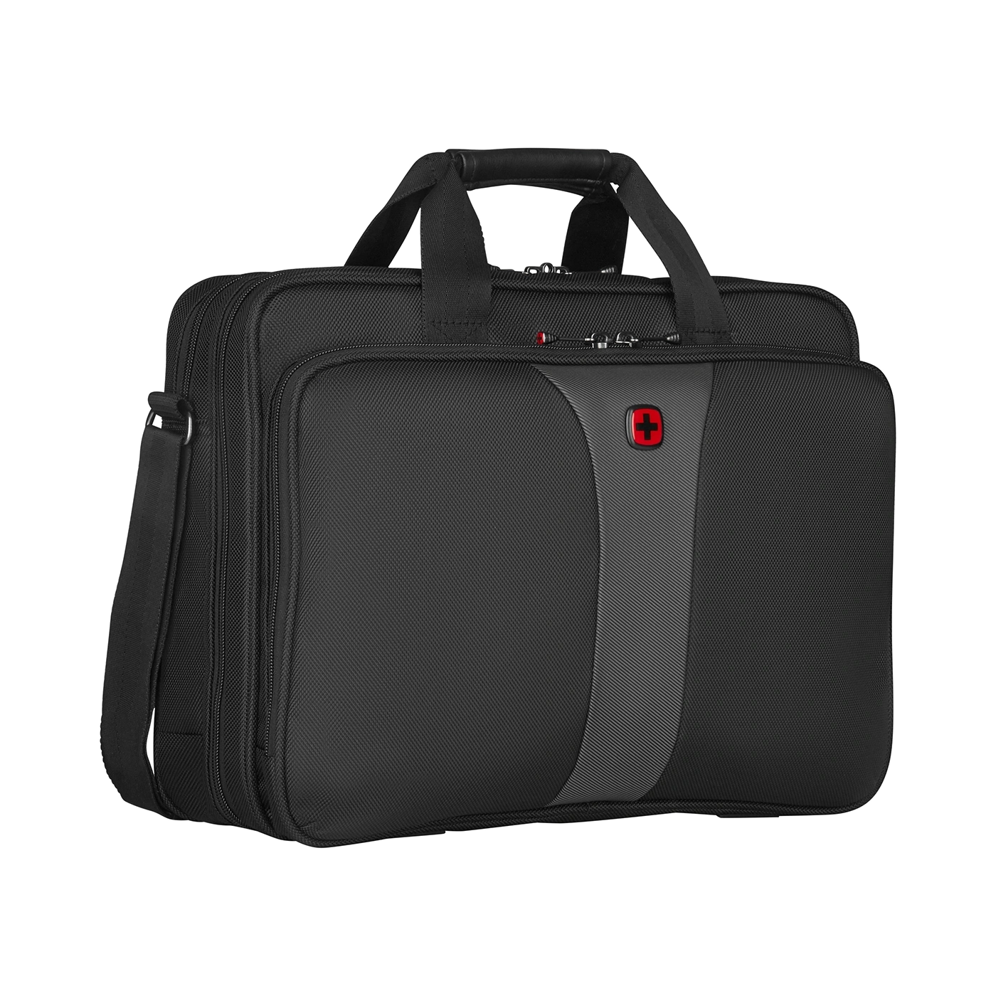 Black briefcase with red cross, handle and shoulder strap, on black background