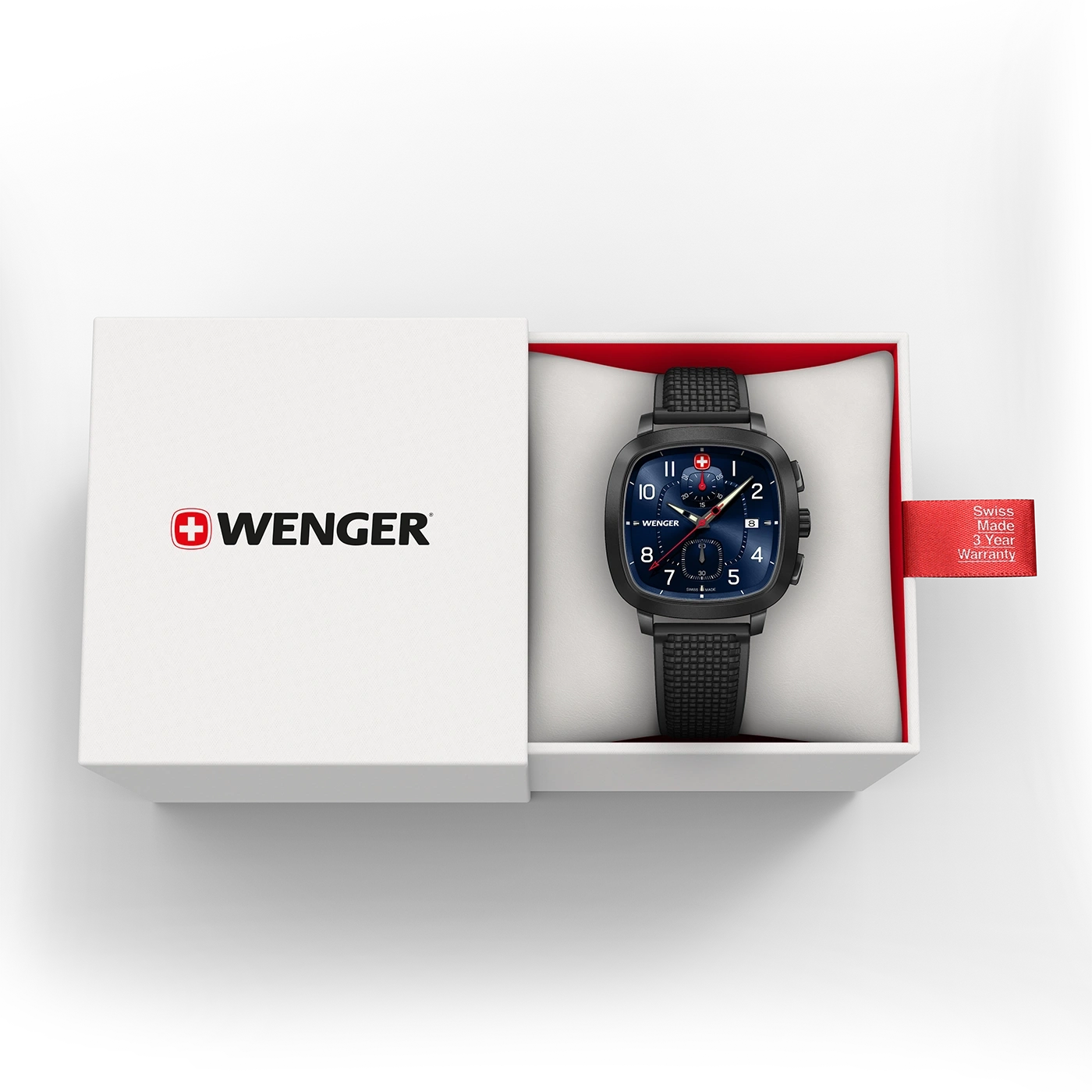 Wenger watch in a box with a red tag and 3 year warranty