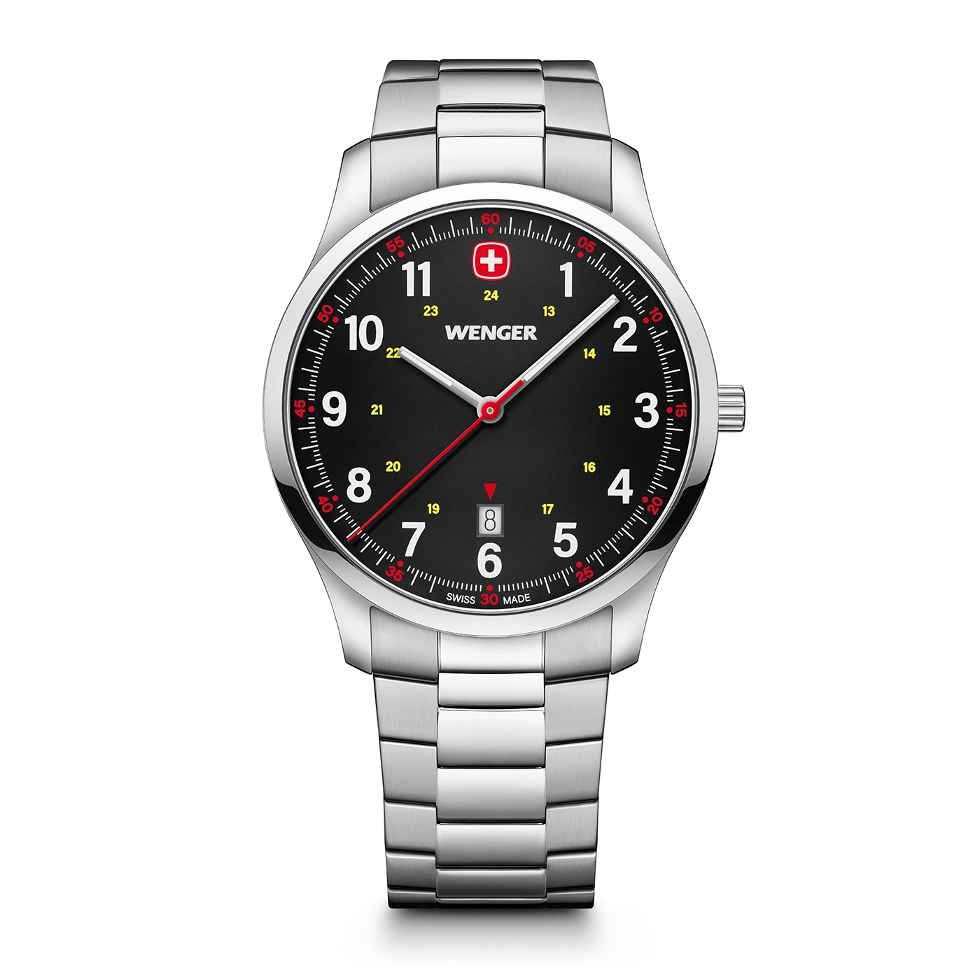 Wenger watch with black dial, silver band, and date display, Swiss made