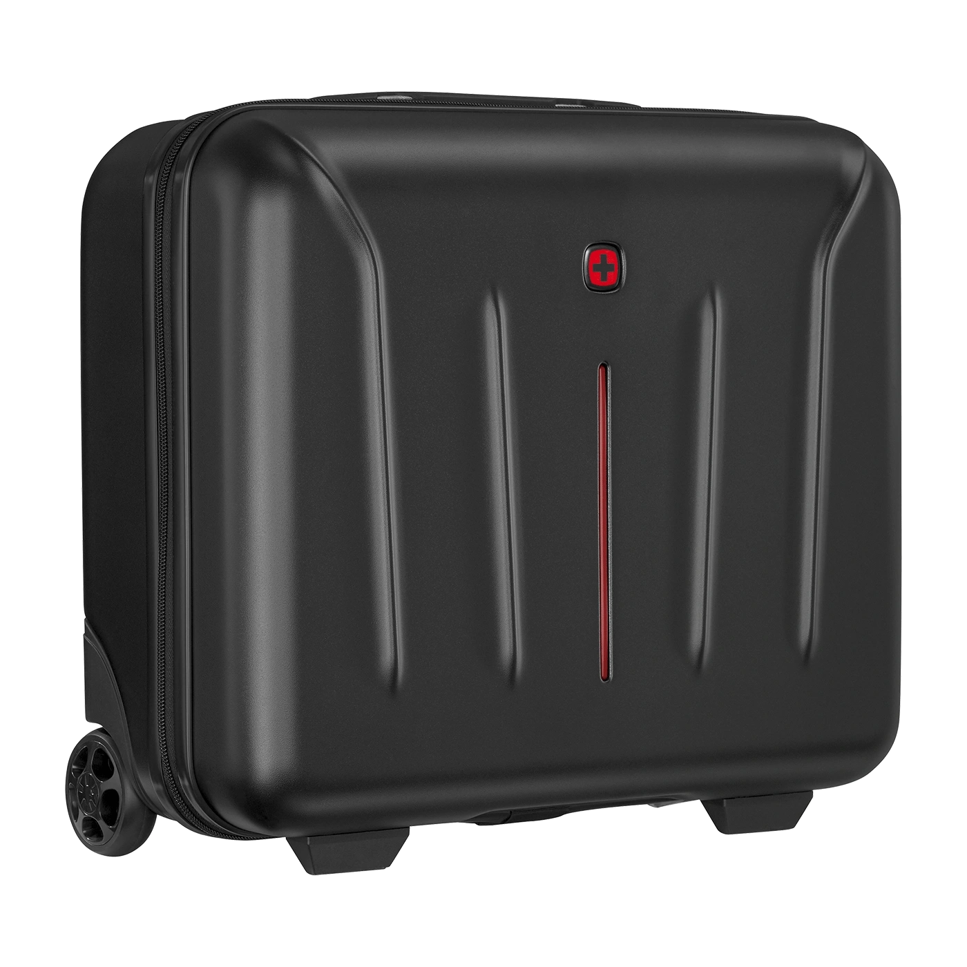 Black suitcase with red accents and Swiss cross