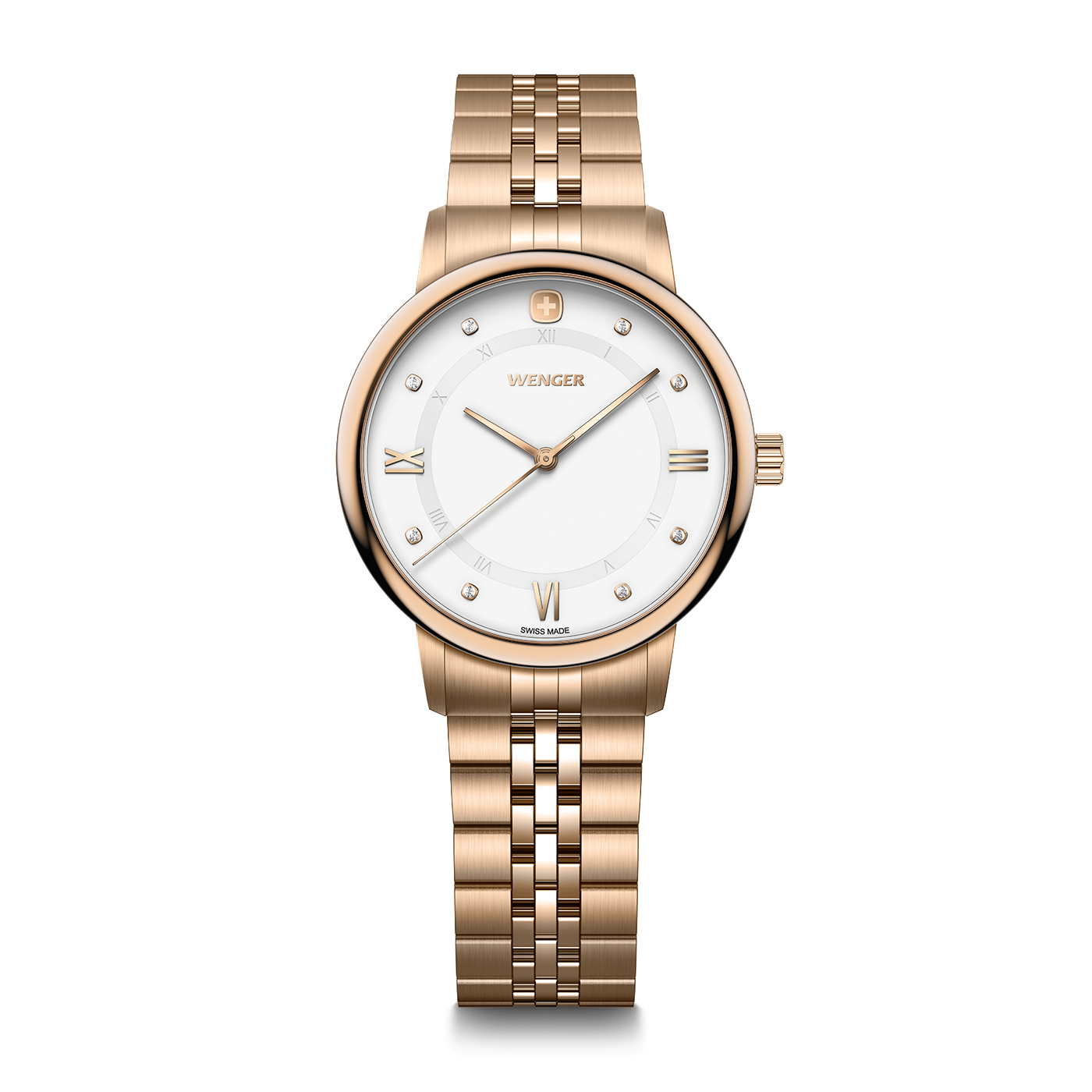 An elegant rose gold Wenger women's watch with a white dial and Roman numerals.