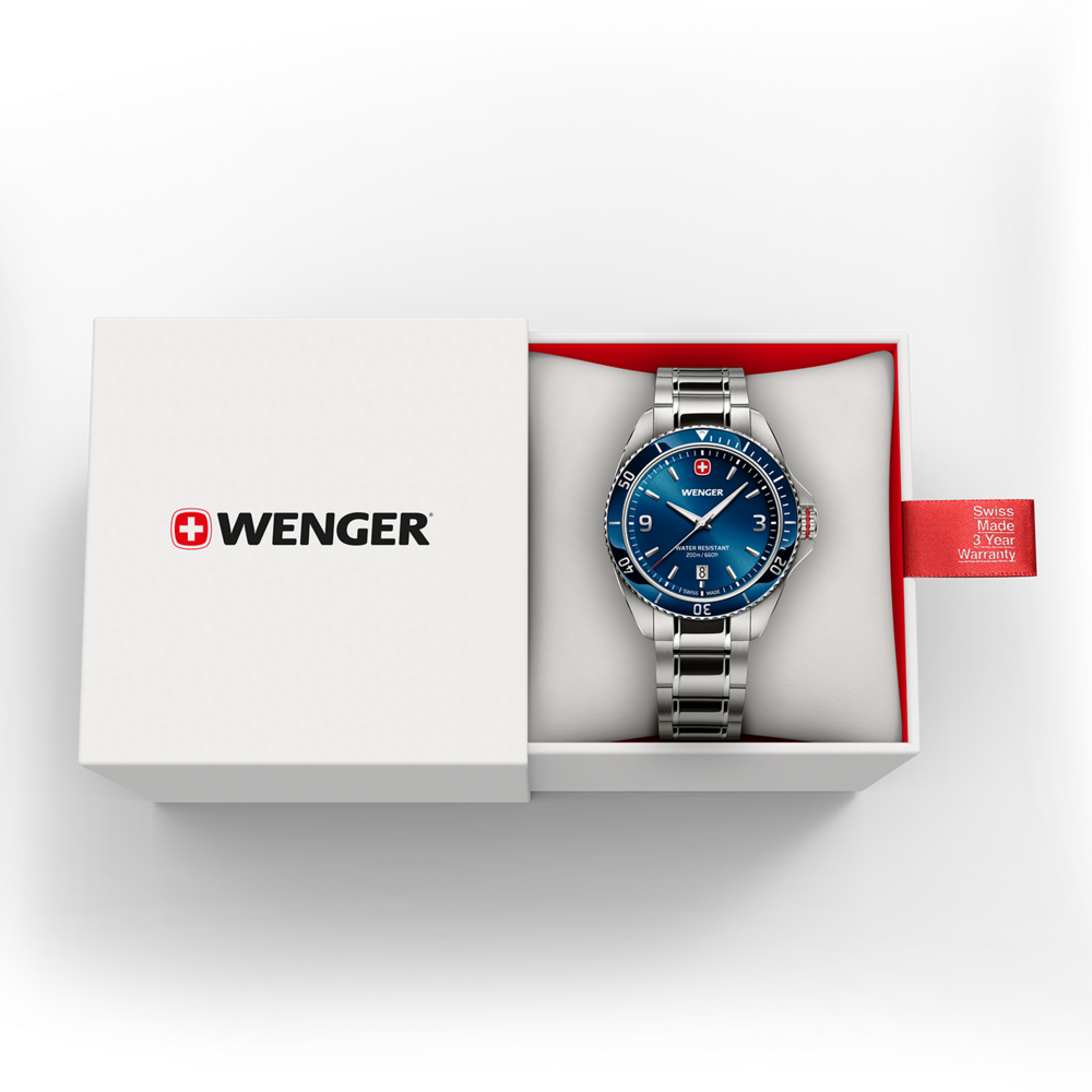 Wenger Uhr in Box, blaues Zifferblatt, silbernes Armband, Swiss Made, 3 Jahre Garantie