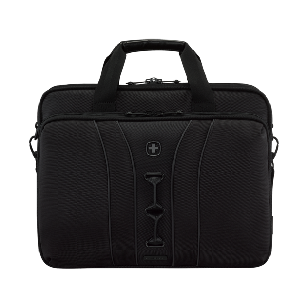 Schwarze Aktentasche mit Griffen und Logo, ideal für den Transport von Dokumenten.