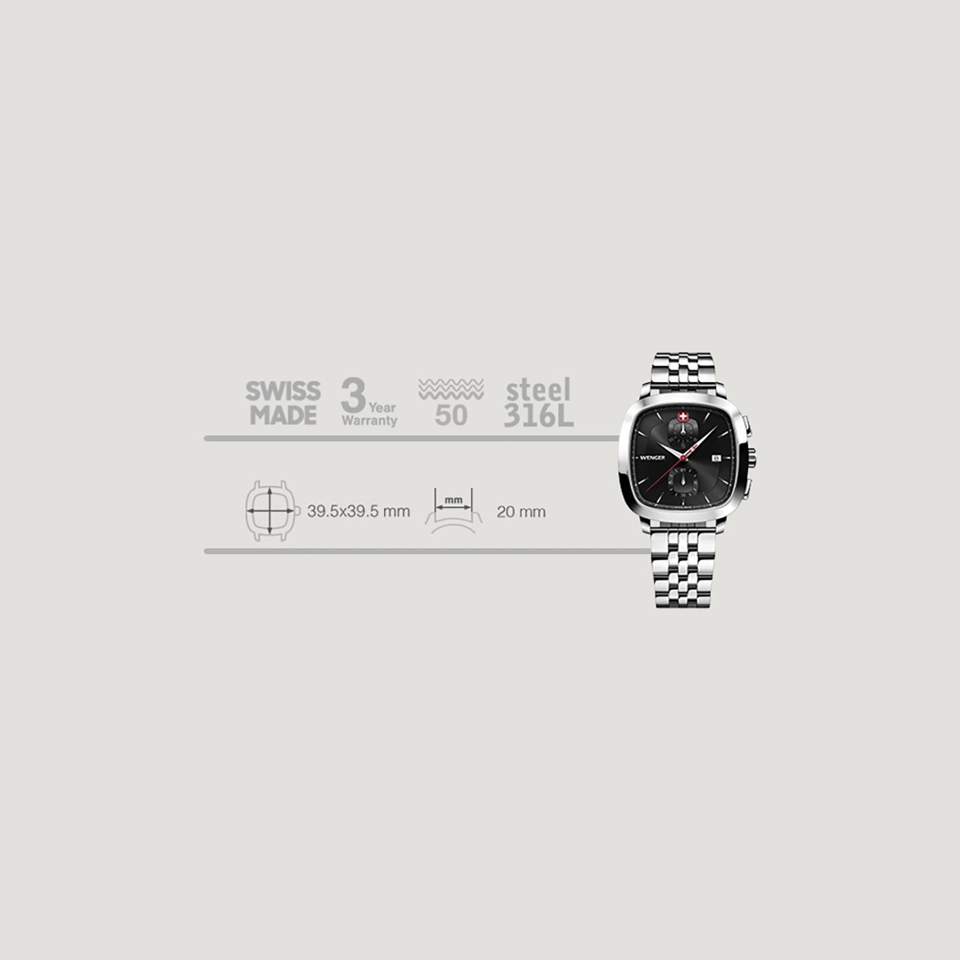 Schweizer Uhr mit Stahlgehäuse, 3 Jahre Garantie, 39,5x39,5 mm, 20 mm Armband.
