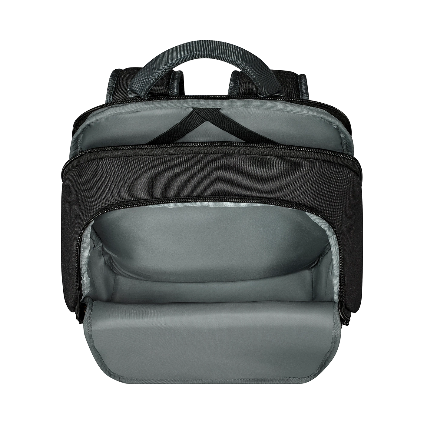 Black backpack, open, with gray lining, seen from above, isolated on black