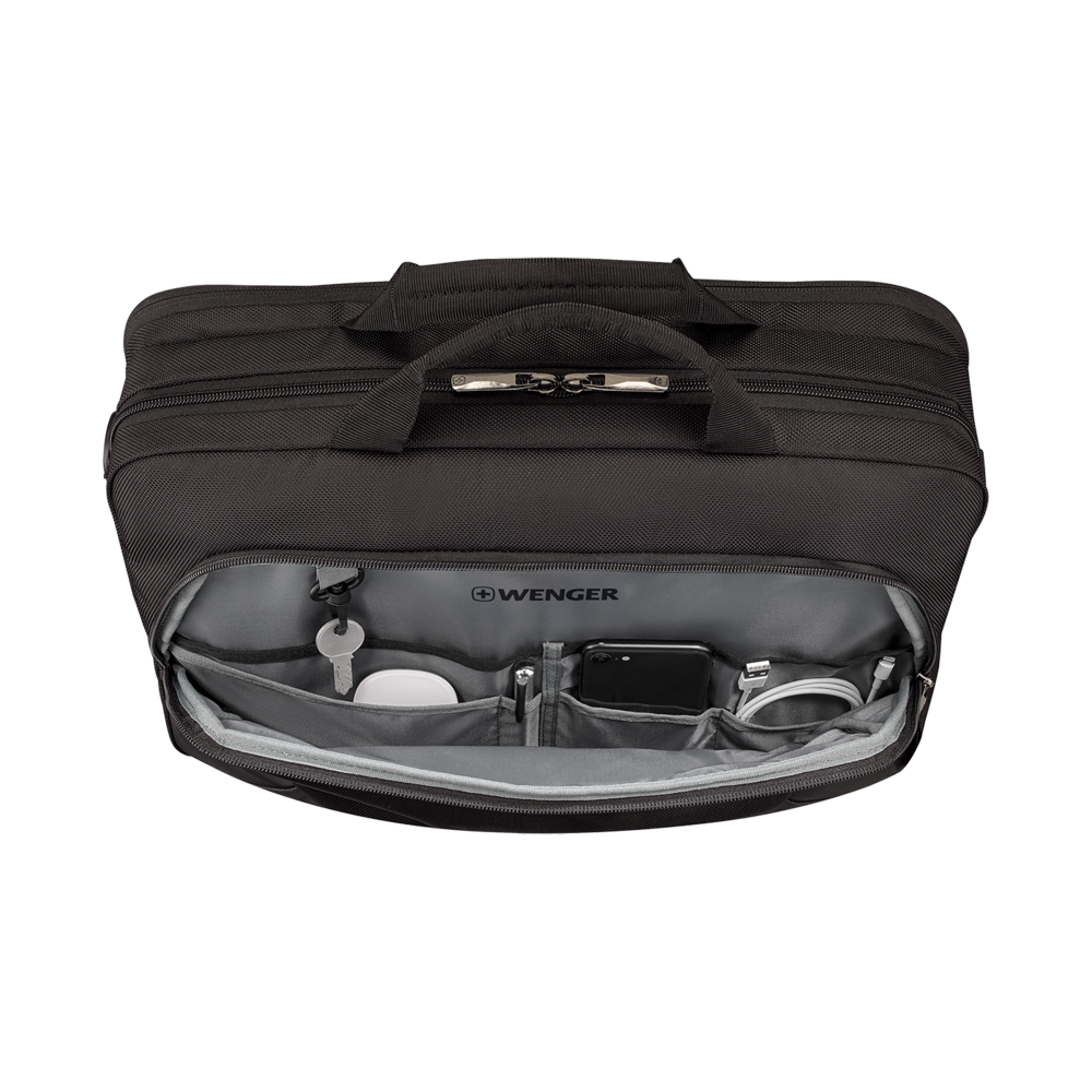 Schwarze Aktentasche mit offenem Fach, gefüllt mit Gegenständen, Marke Wenger.