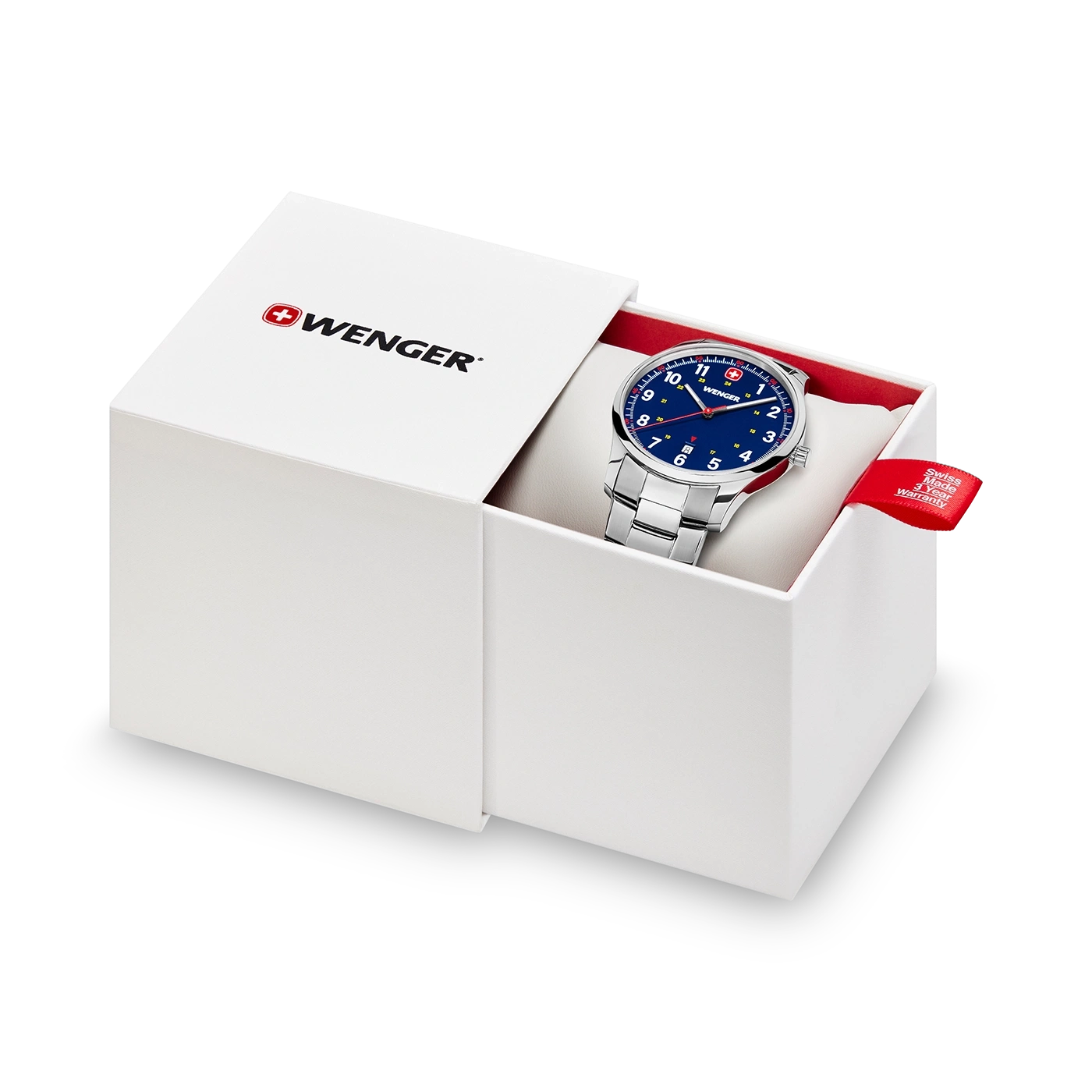 Wenger watch in white box with red lining and warranty tag, Swiss made