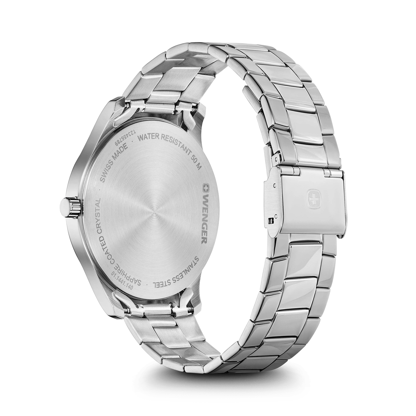 Wenger Uhr, Edelstahl, Saphirglas, Swiss Made, wasserdicht bis 50m, Detailaufnahme