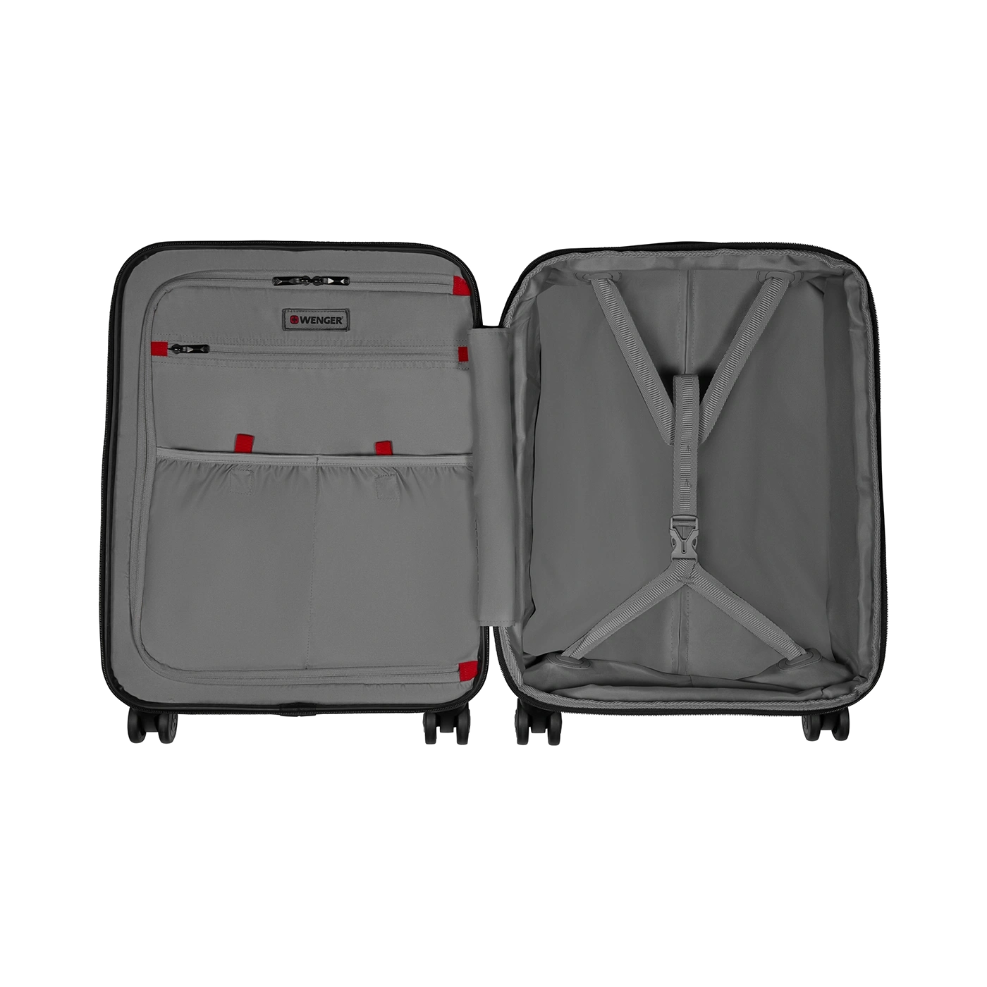 Open suitcase with gray interior and red accents, set against a black background.