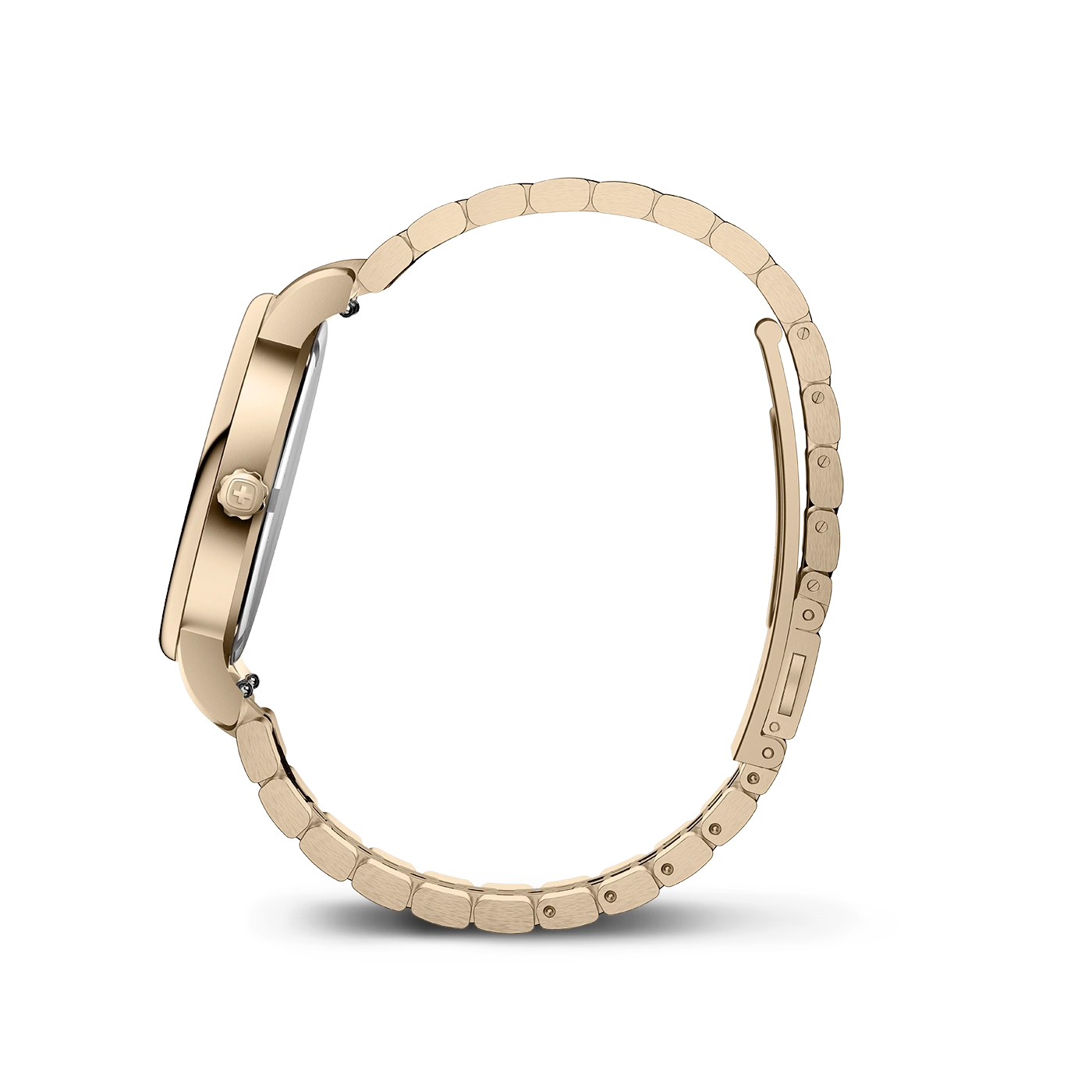 Goldene Damenuhr mit Armband im Profil auf weißem Hintergrund.