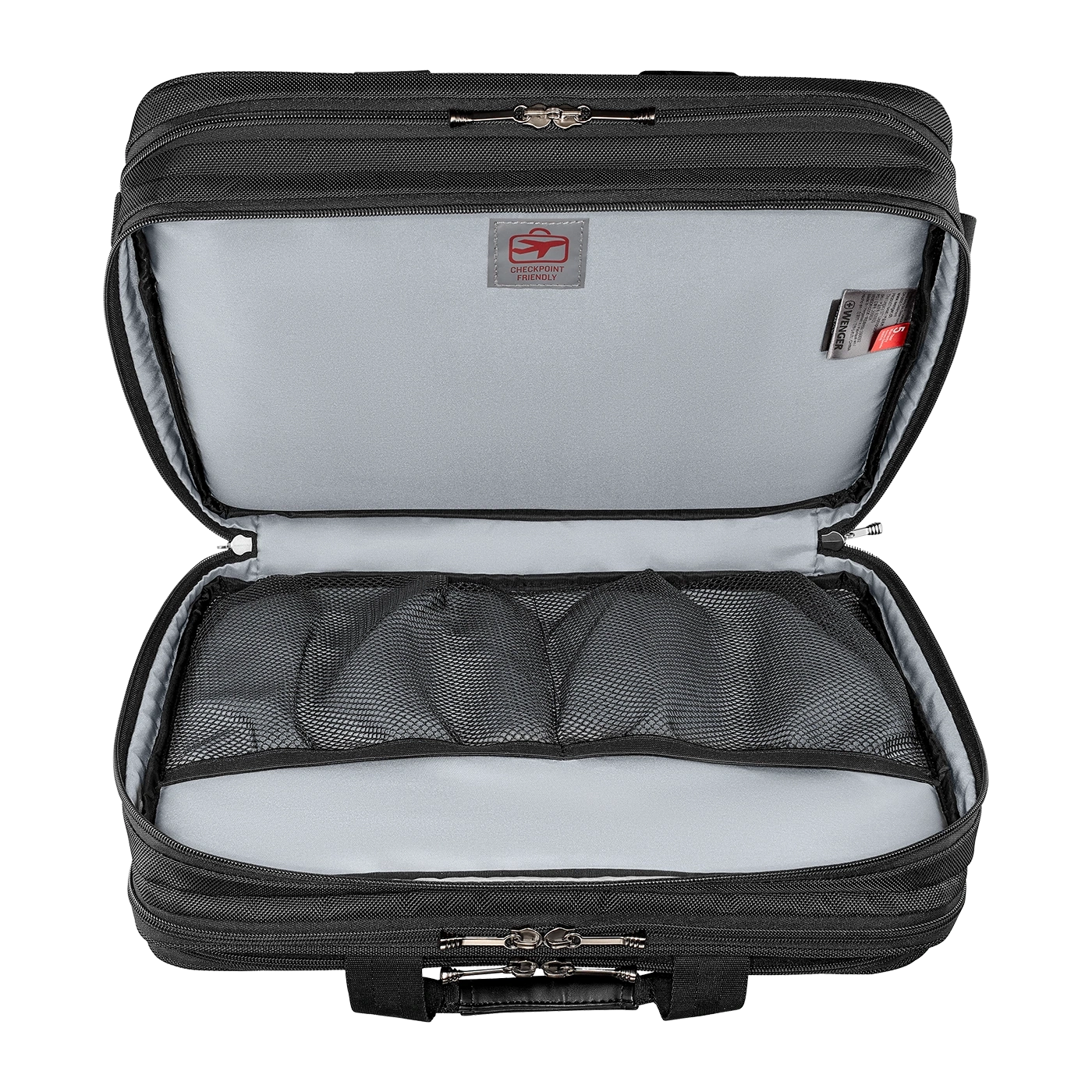 Black open laptop bag with gray interior and mesh pockets for storage.