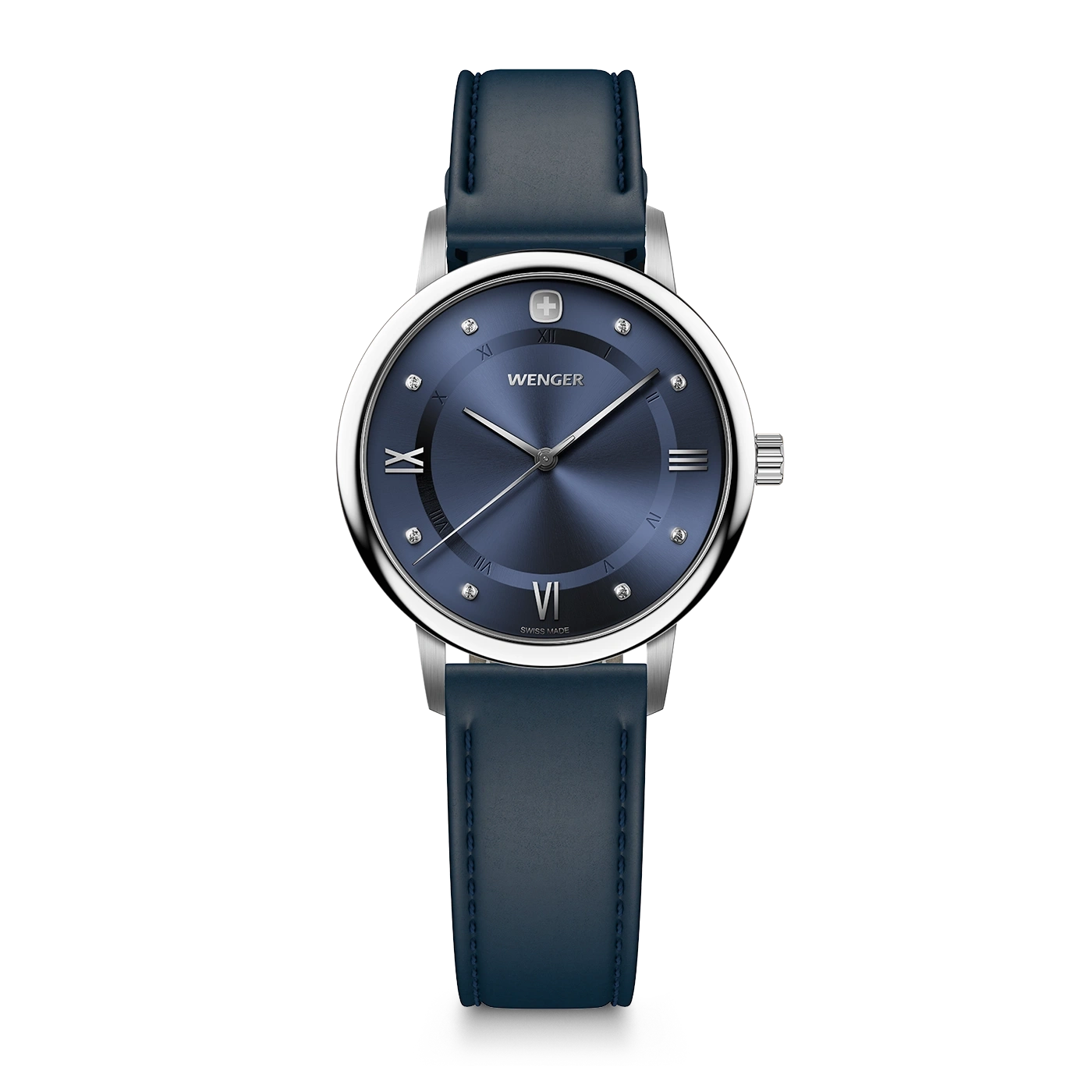 Eine blaue Wenger-Armbanduhr mit silbernem Gehäuse und silbernen Zeigern.