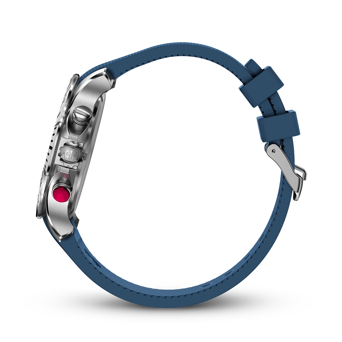 Blaue Uhr mit silbernem Gehäuse und Armband, Seitenansicht, Nahaufnahme