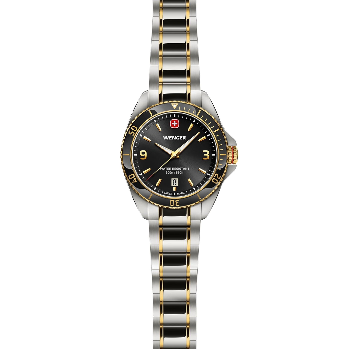 Wenger Uhr mit schwarzem Zifferblatt, goldenen Akzenten und silbernem Armband.