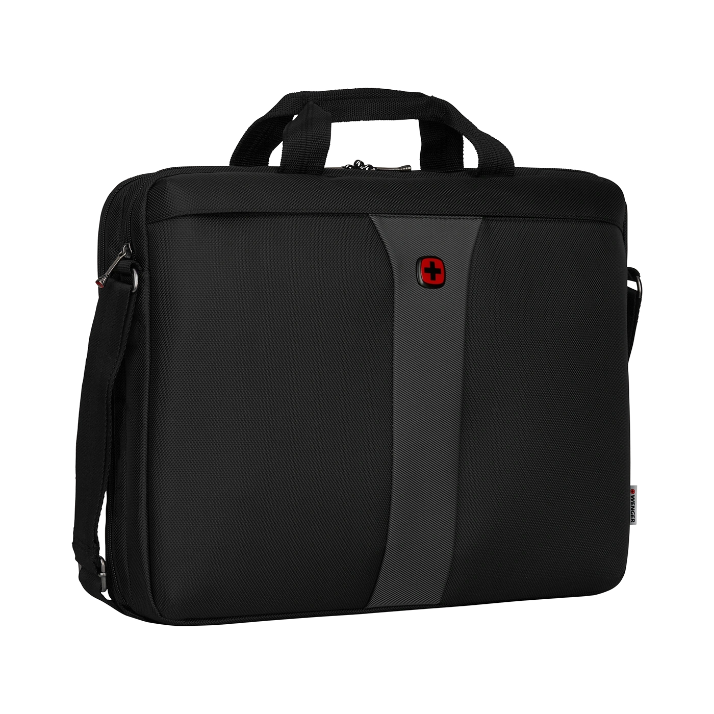 Schwarze Laptoptasche mit rotem Kreuz und Griff, von Wenger.