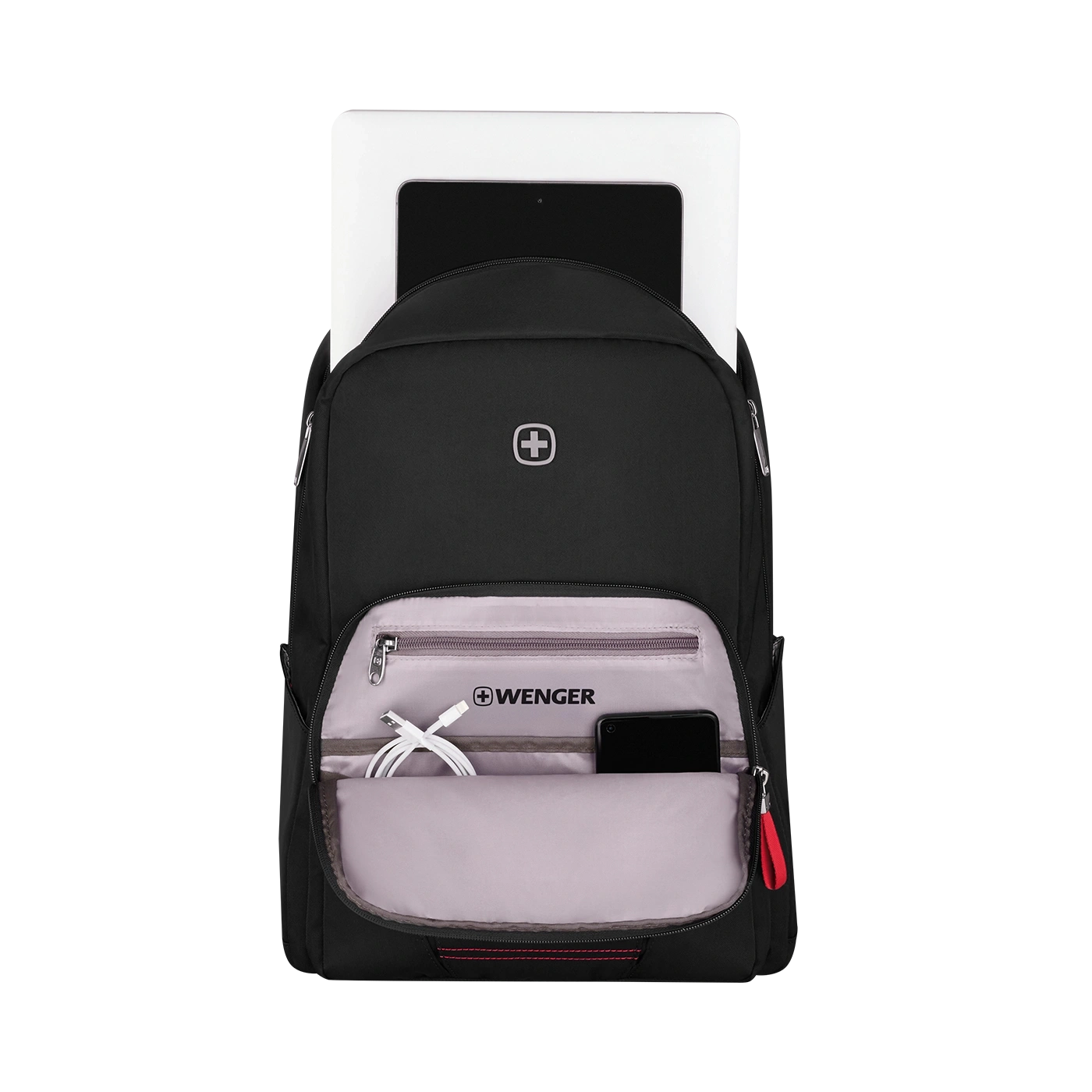 Schwarzer Rucksack mit Tablet und Smartphone, Wenger-Logo.