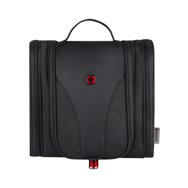 Schwarze Kulturtasche mit rotem Kreuz und Griff, von Wenger.