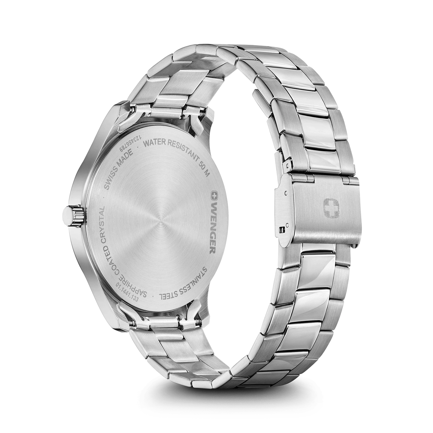 Wenger watch, stainless steel, sapphire crystal, water resistant, Swiss made, wristwatch, detail shot
