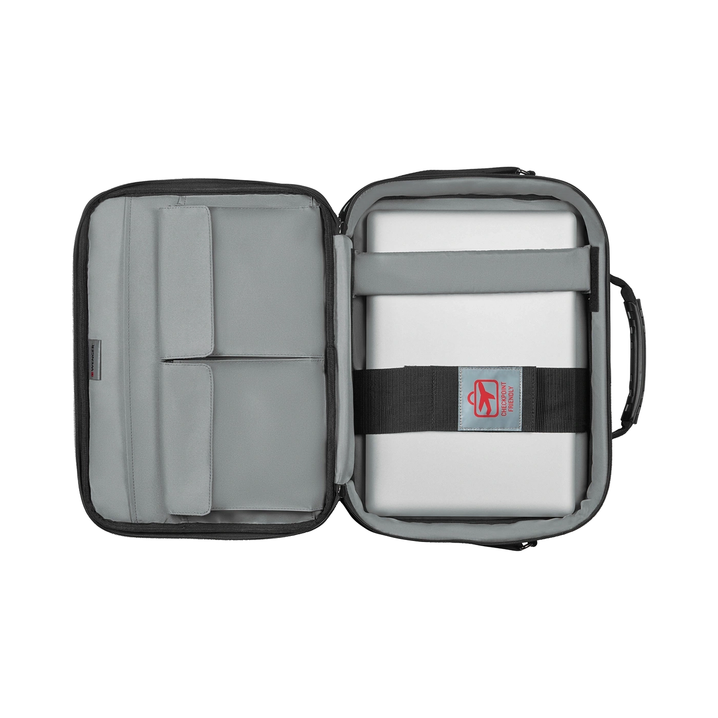 Offene Laptoptasche mit Laptop, grauem Innenraum und Checkpoint-freundlichem Etikett.