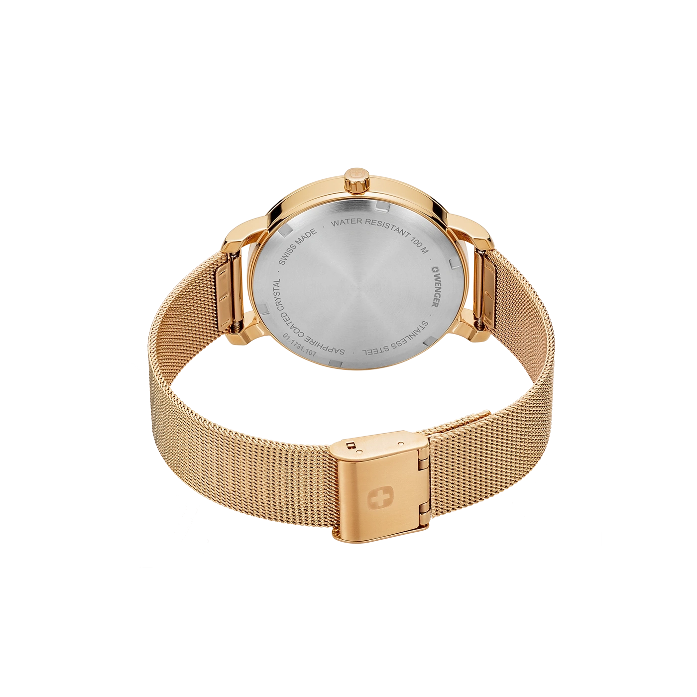 Goldene Uhr mit Mesh-Armband, Schweizer Herstellung, Wasserdichtigkeit 100M