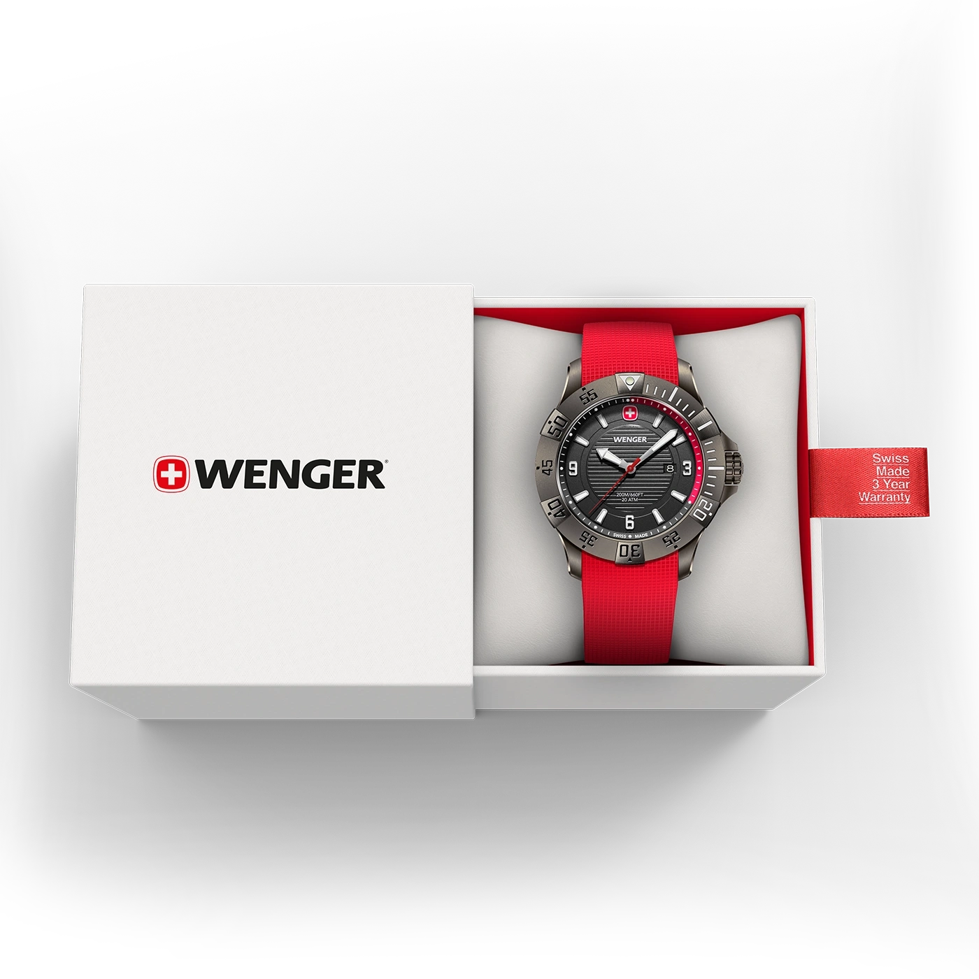 Wenger Uhr in einer Box mit rotem Armband und Garantie