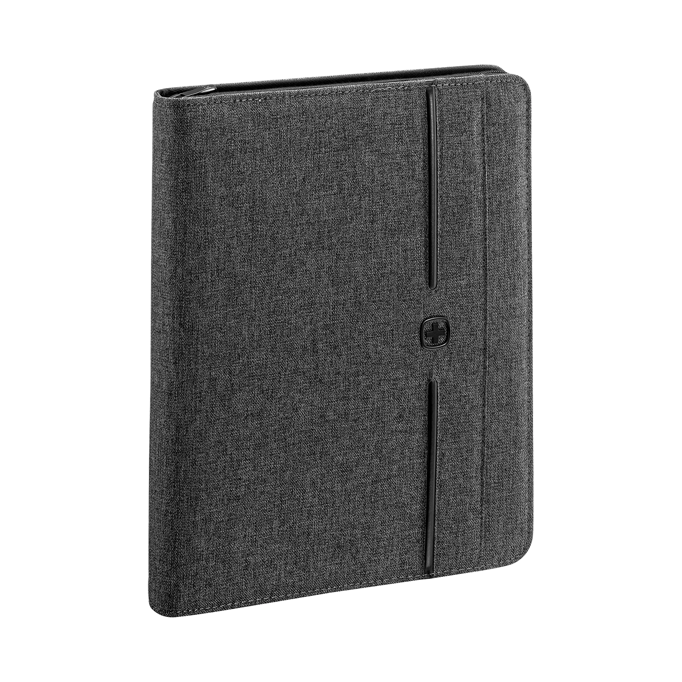 Graues Notizbuch mit Reißverschluss und Logo, Stoffstruktur, Nahaufnahme