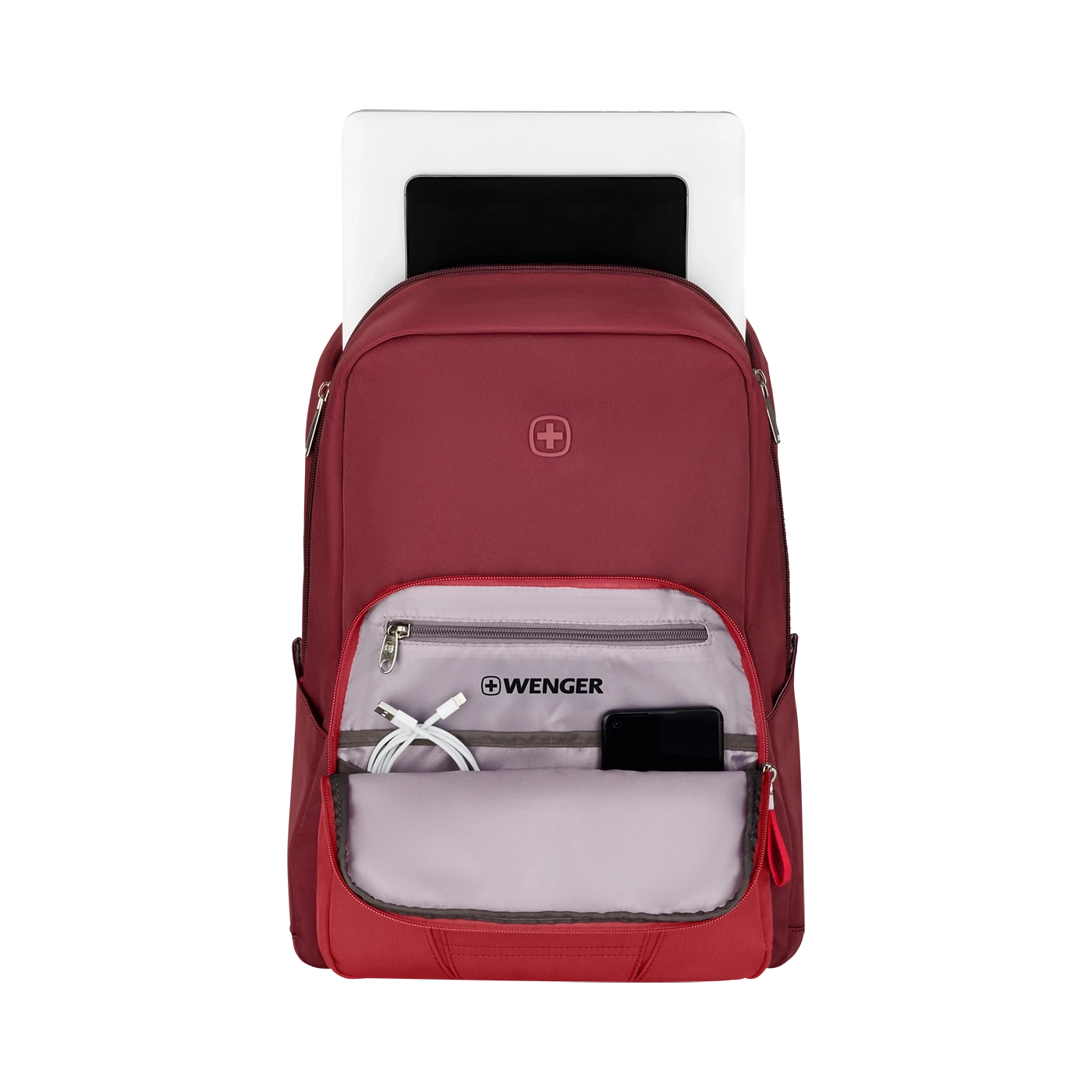 Red backpack with Wenger logo, zipper, and accessories inside the pocket.