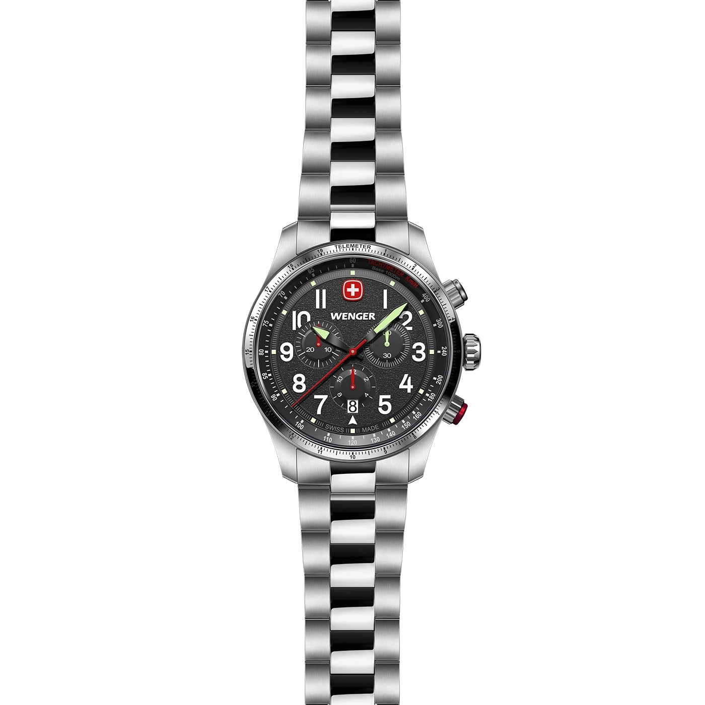 Wenger watch with black dial and silver bracelet, Swiss made watch