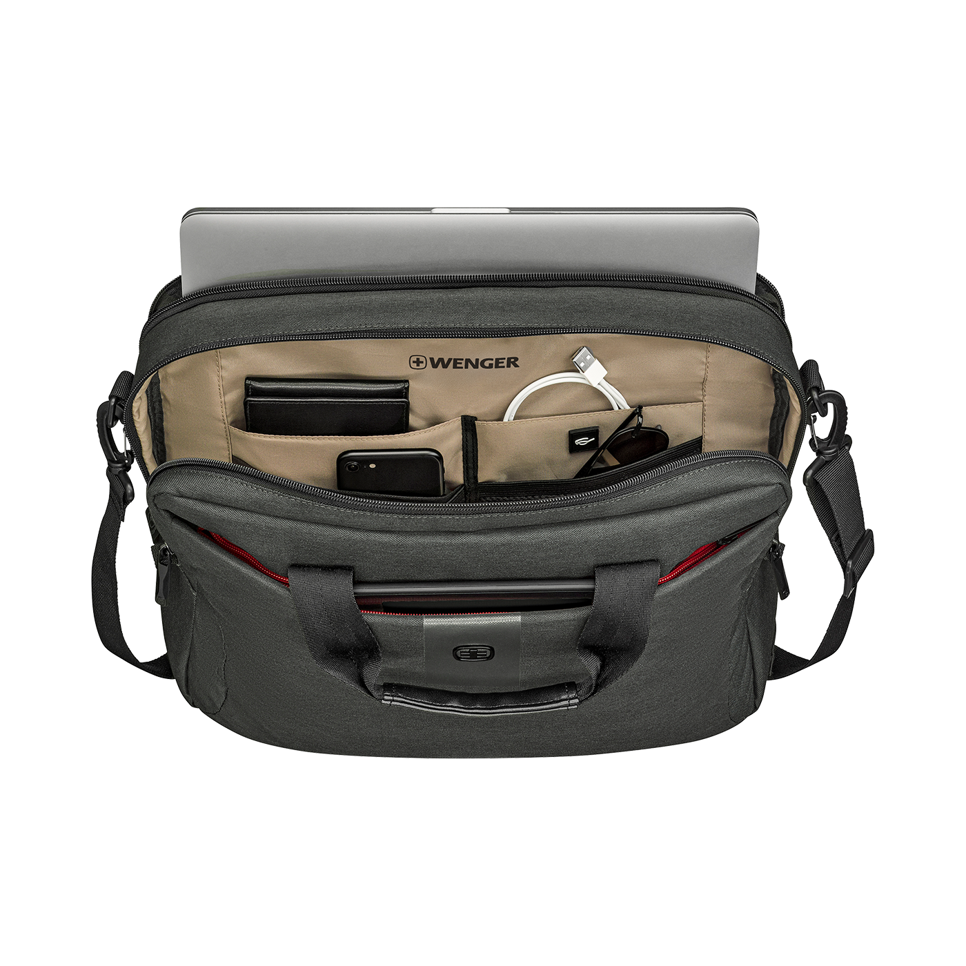 Schwarze Aktentasche mit Laptop, Handy, Sonnenbrille und Kabeln. Marke: Wenger.