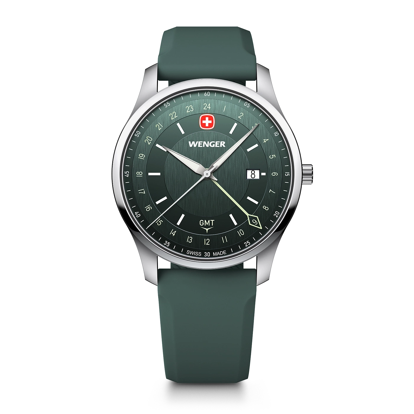 Herrenuhr silber-grün Ø 42 mm Quarzuhr mit GMT-Funktion, hergestellt in der Schweiz