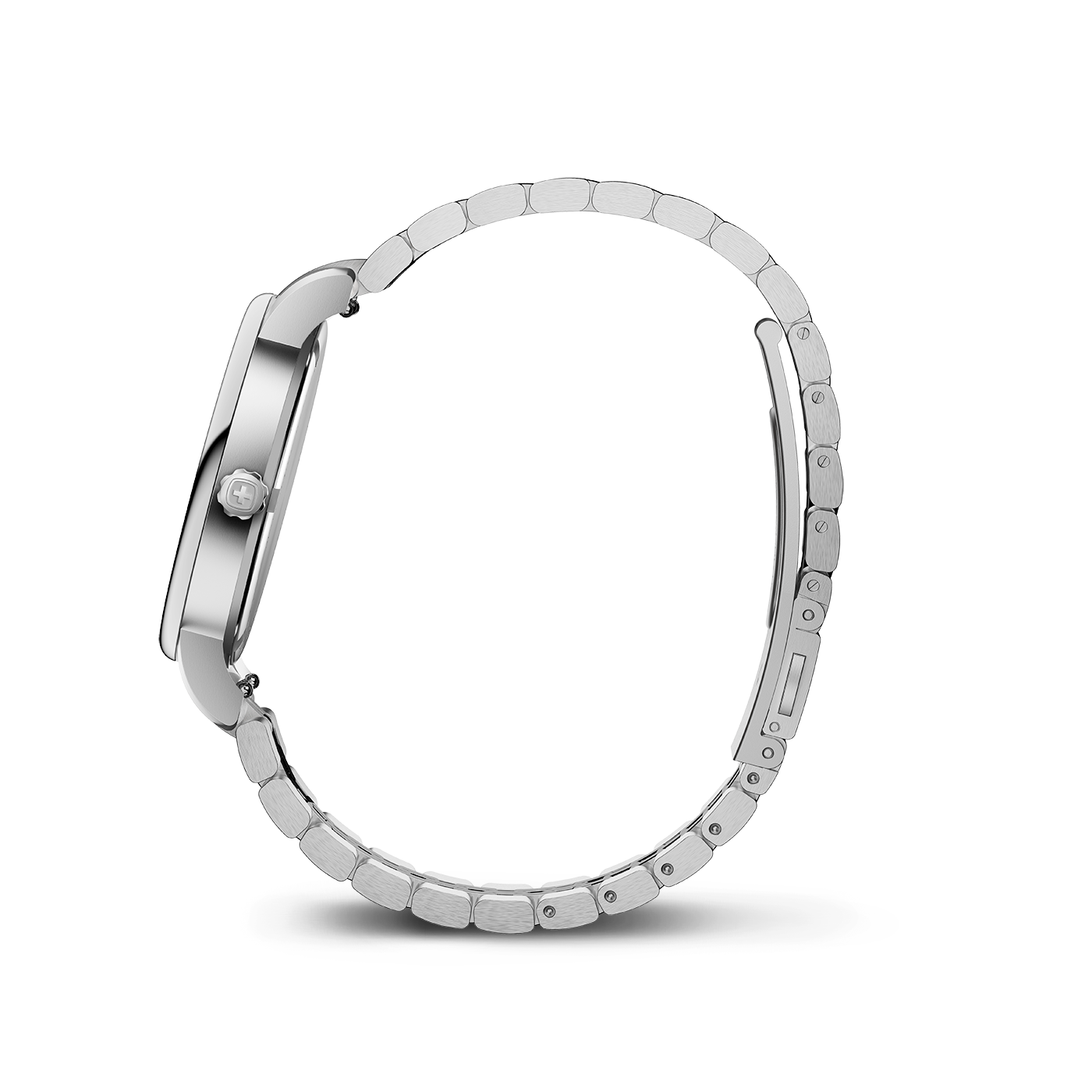 Side view of a silver wristwatch on a white background.
