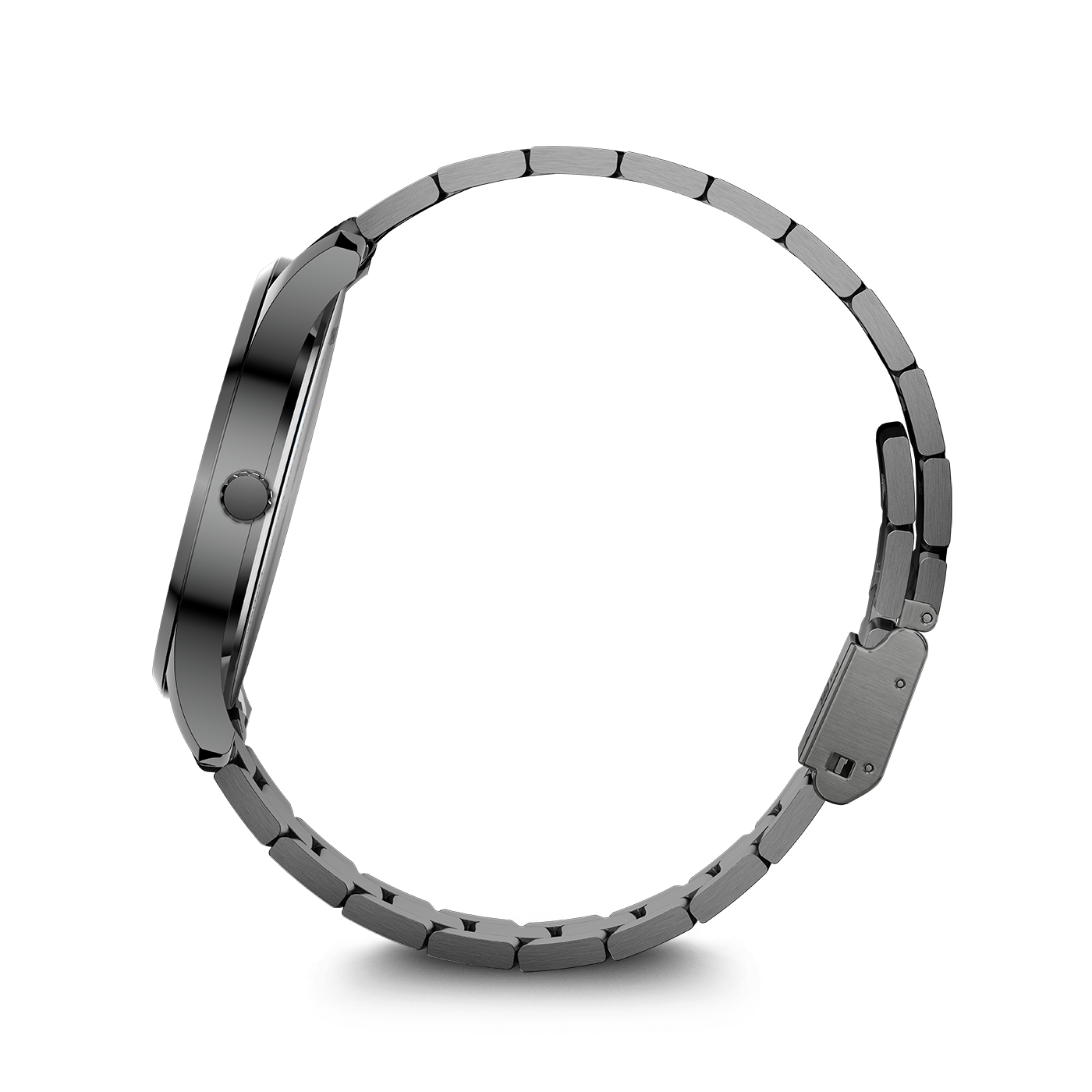 Eine Nahaufnahme einer silbernen Uhr mit Armband auf weißem Hintergrund.