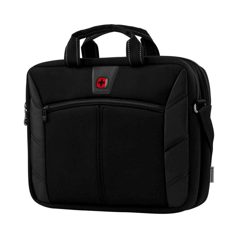 Schwarze Laptoptasche mit rotem Logo und Tragegriff