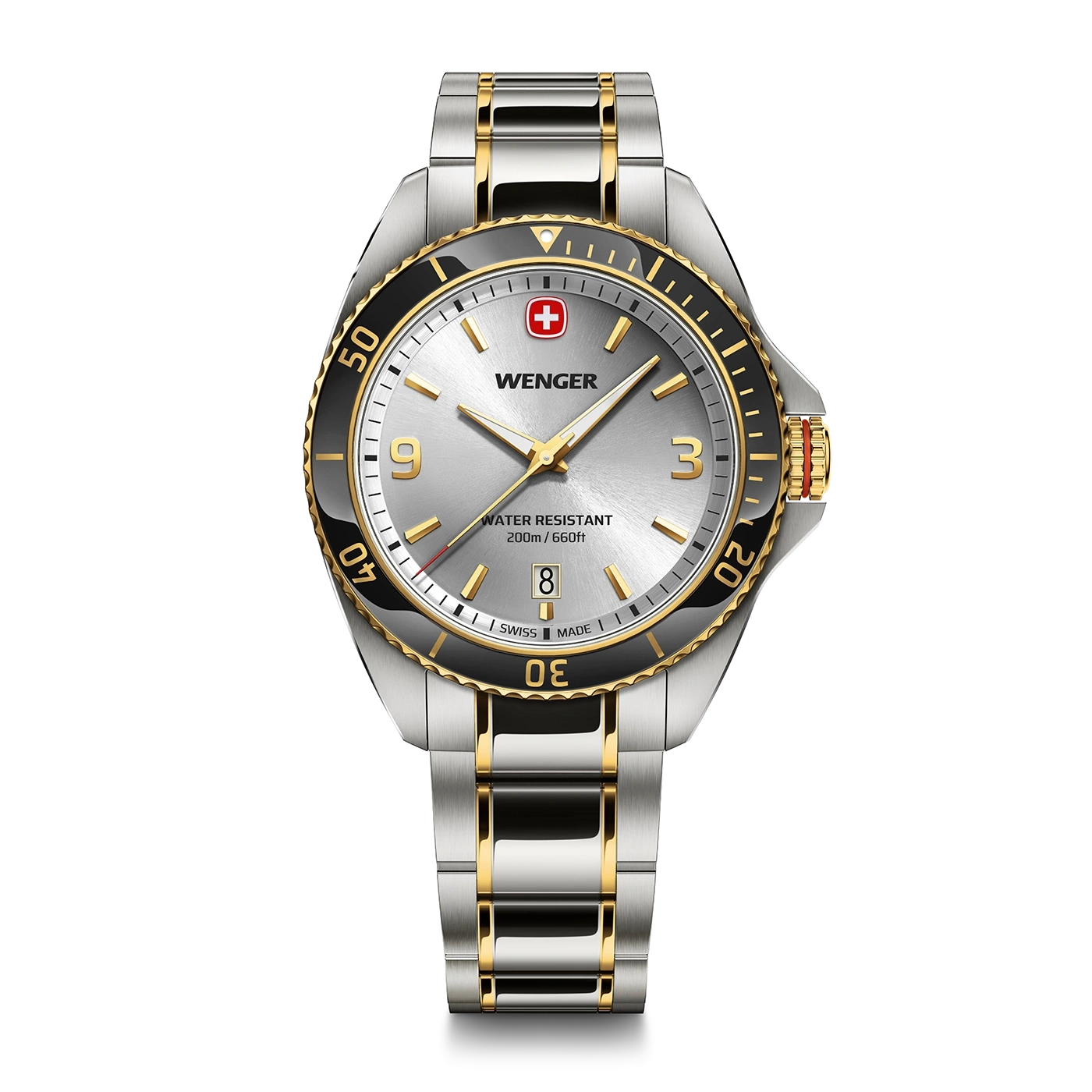 Wenger watch, silver dial, black bezel, gold accents, Swiss made, water resistant